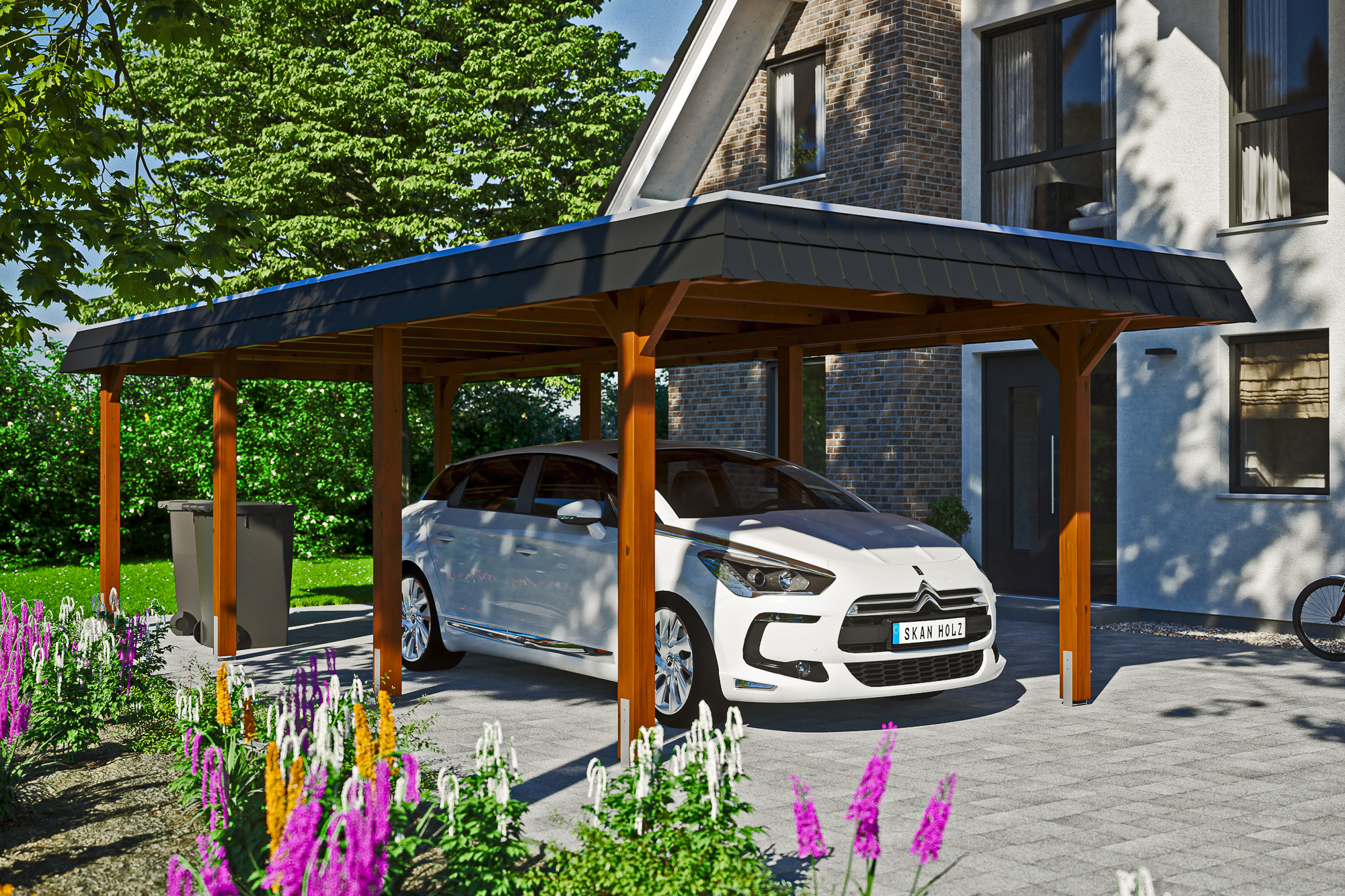 Ambientebild: Carport Wendland 362 x 870 cm, mit schwarzer Blende, farblich behandelt in nussbaum
