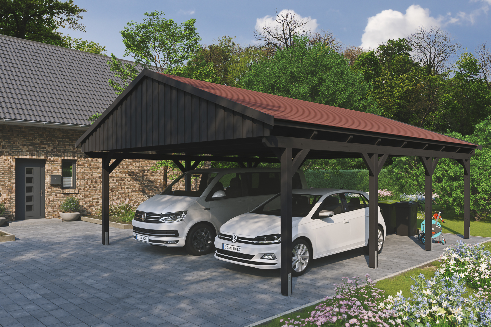 Ambientebild: Carport Fichtelberg 618 x 808 cm, farblich behandelt in anthrazit, mit roten Dachschindeln