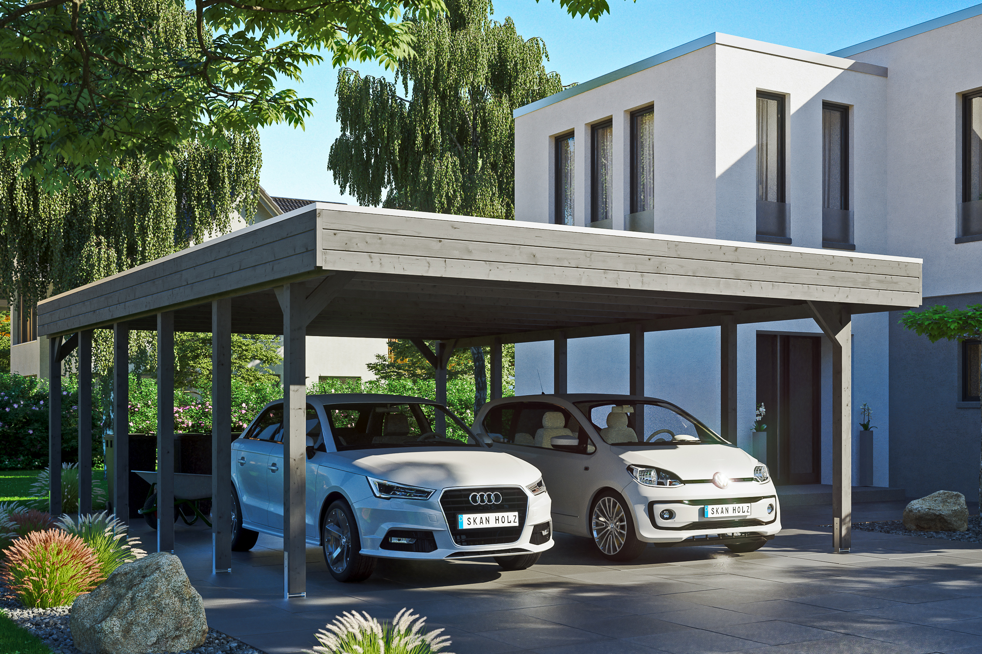 Ambientebild: Carport Friesland 557 x 860 cm, farblich behandelt in schiefergrau