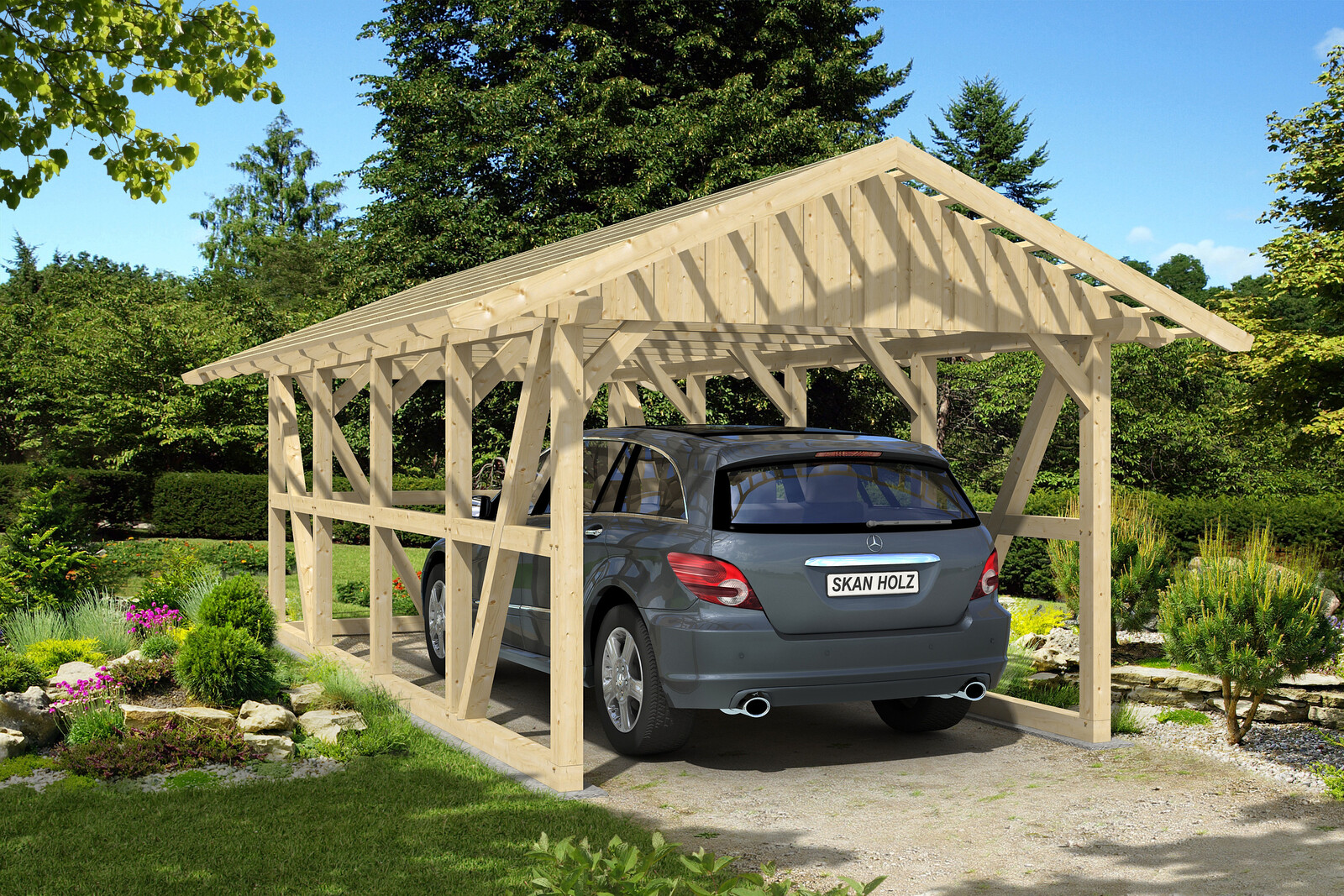 Carport Schwarzwald 424 x 772 cm mit Rückwand, natur, mit Dachlattung