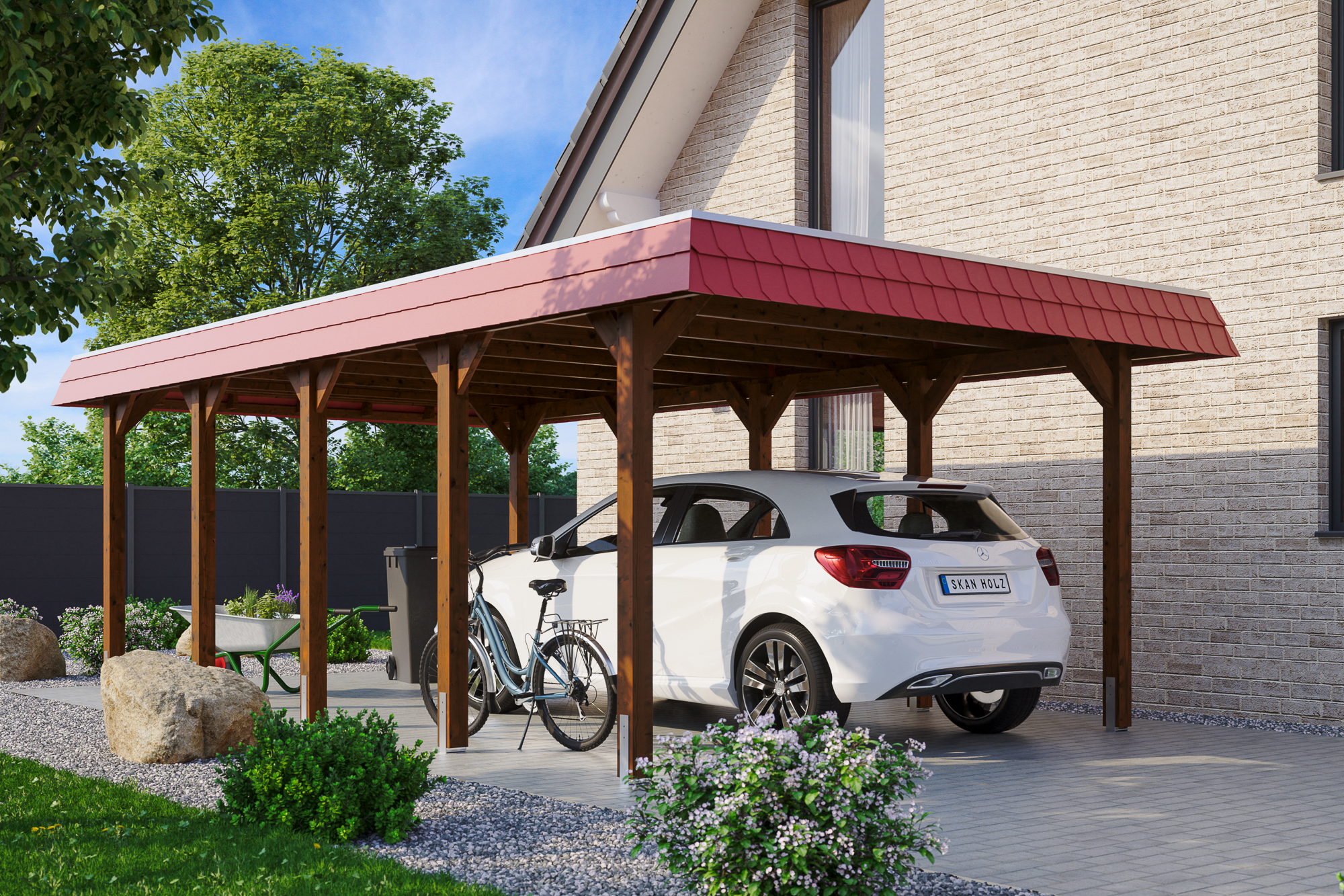 Ambientebild: Carport Spreewald 396 x 741 cm mit roter Blende, farblich behandelt in nussbaum