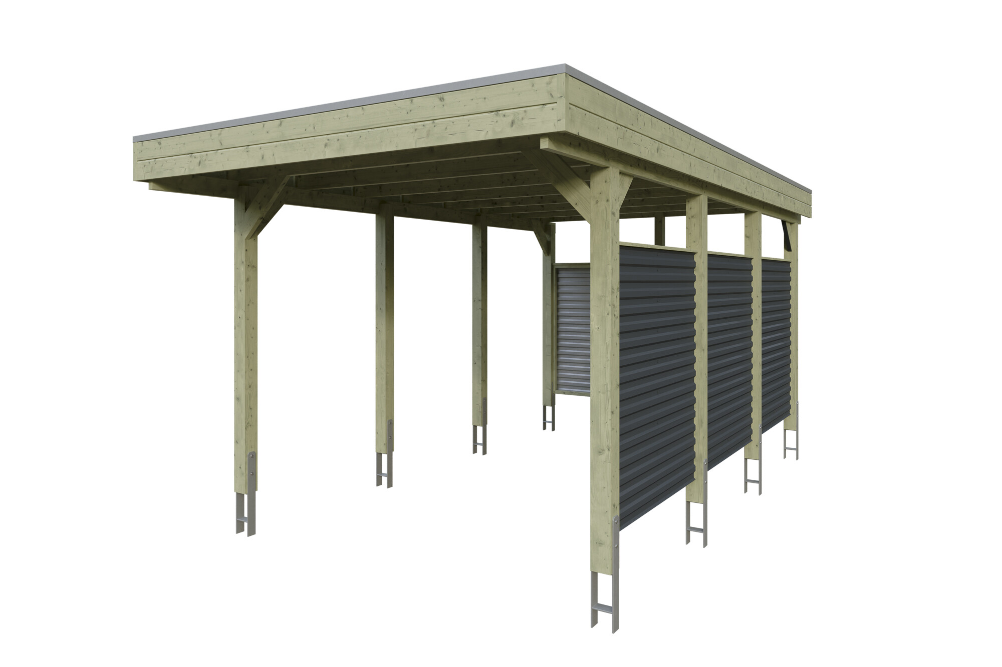 Carport Friesland Hybrid Set 11, 314 x 555 cm, met zij- en achterwand, groen geïmpregneerd, met Aluminium dakplaten