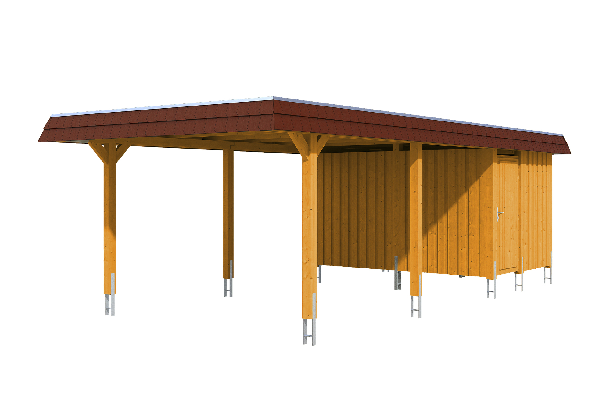 Produktbild: Carport Wendland 409 x 870 cm, mit Abstellraum, mit roter Blende, farblich behandelt in eiche hell