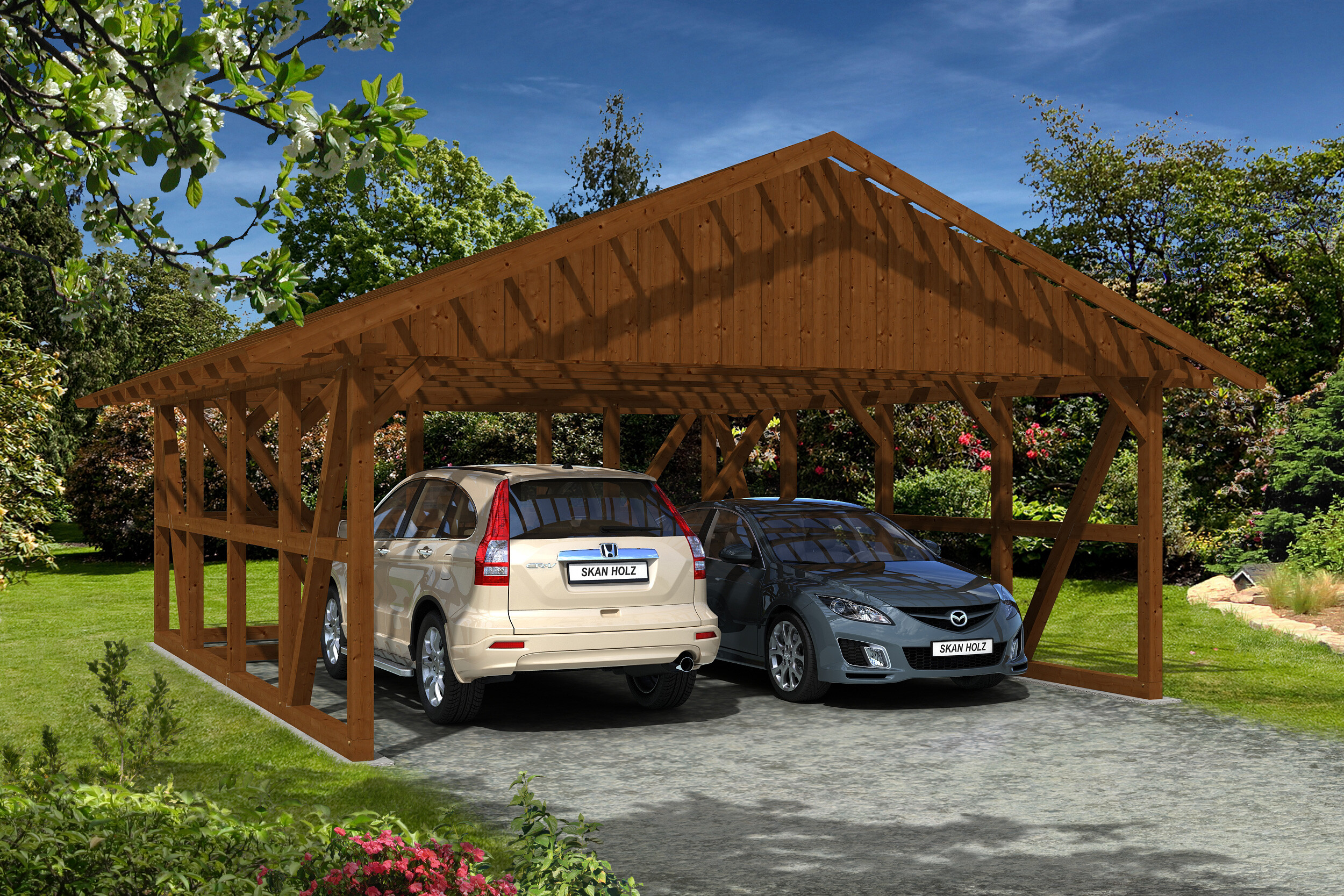 Carport Schwarzwald 684 x 772 cm with storage room 3, colour pre-treated walnut