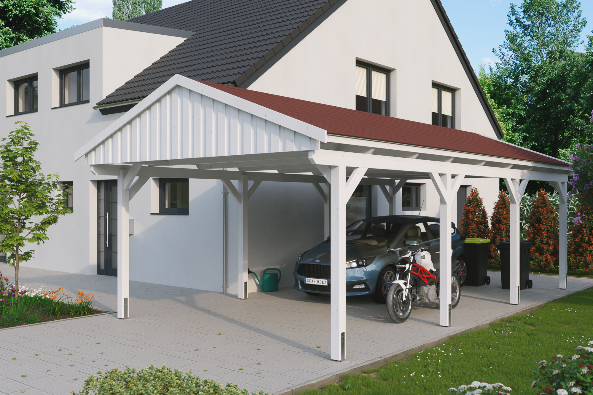 Ambientebild: Carport Fichtelberg 423 x 808 cm, farblich behandelt in weiß, mit roten Dachschindeln