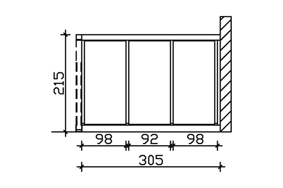 Paroi latérale 305 x 200 cm profondeur 350, en polycarbonate, douglas, traitement coloré noyer