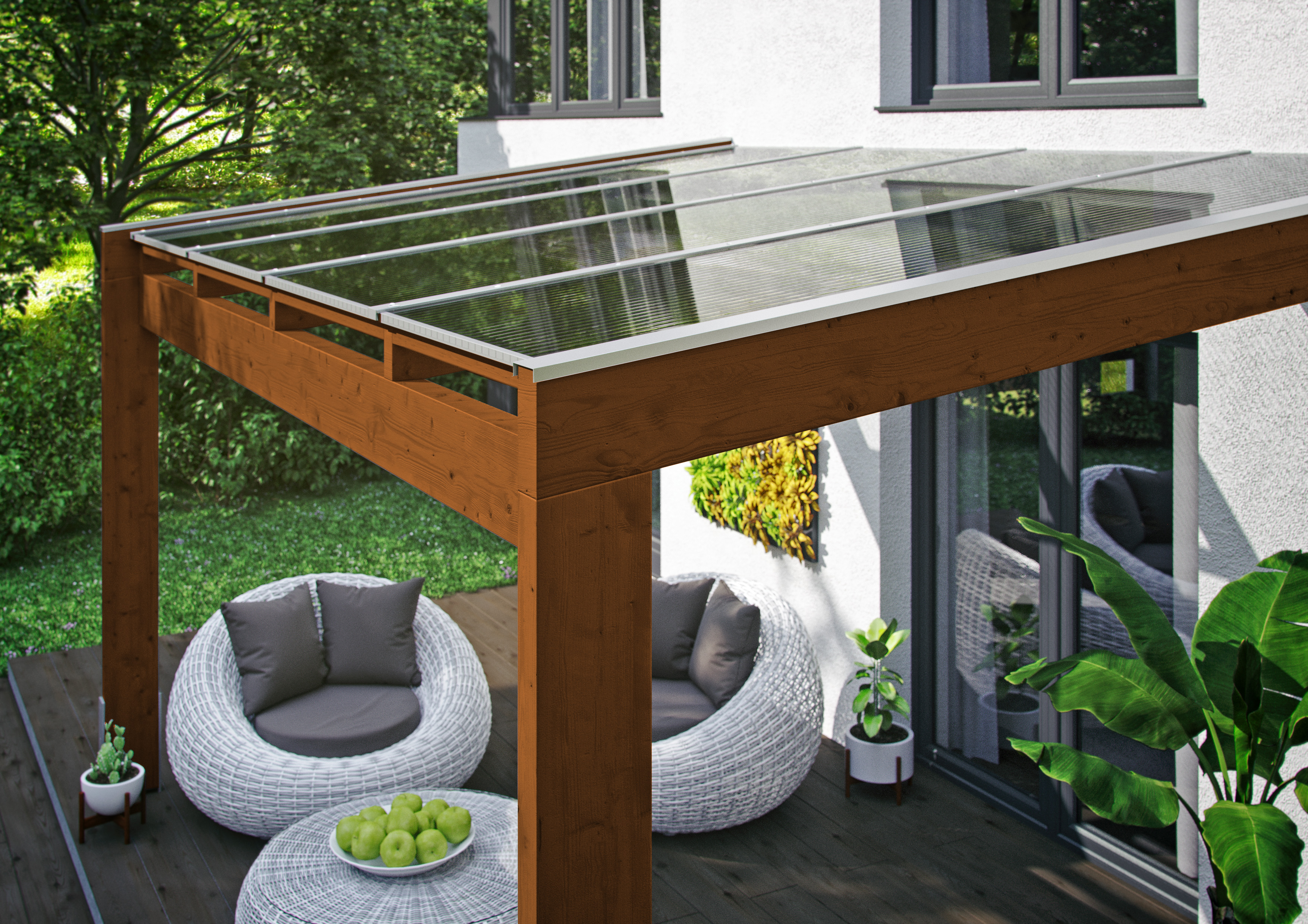 Draufsicht einer Terrassenüberdachung Novara farblich behandelt in nussbaum