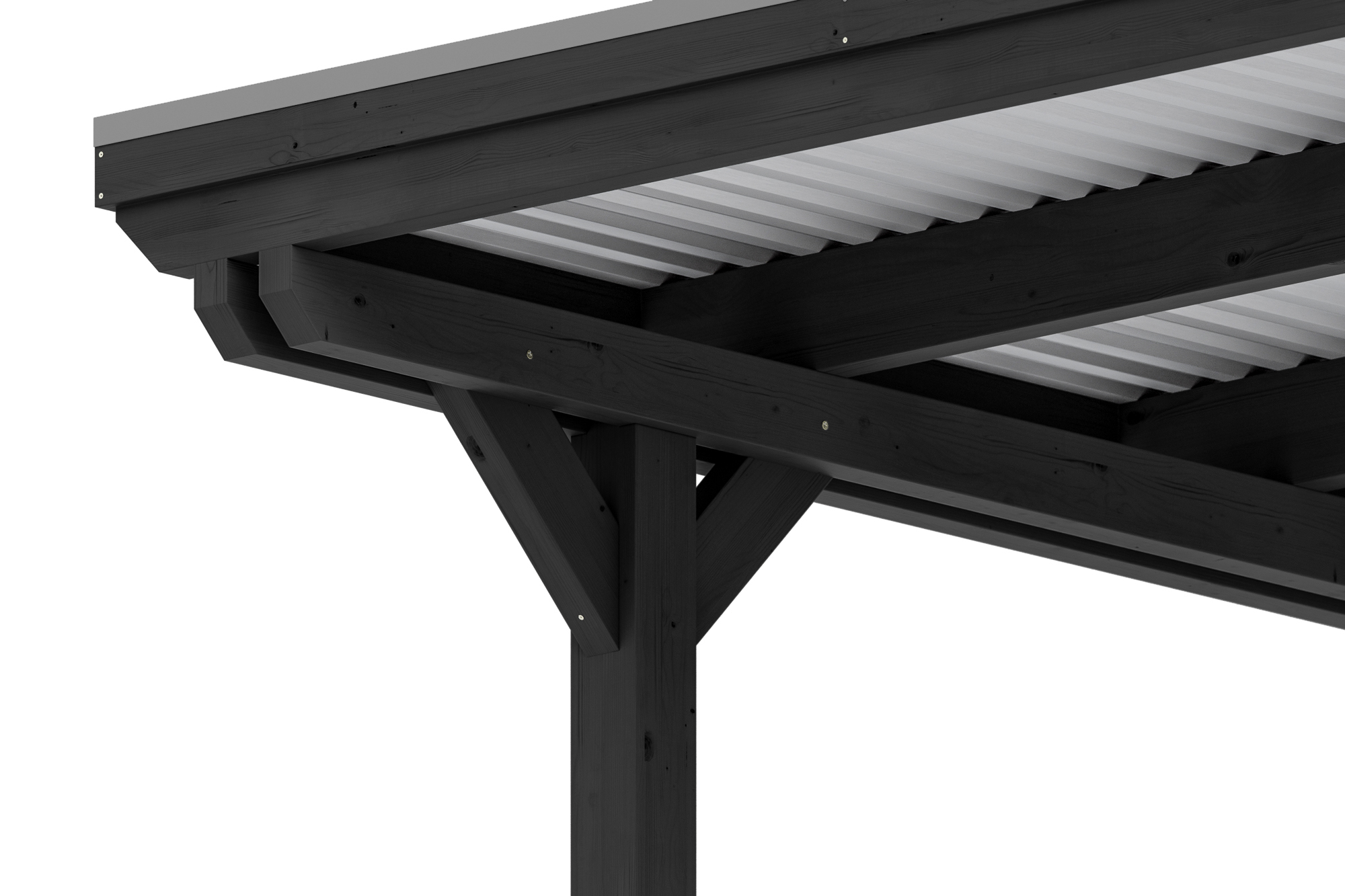 Detailbild: Konstruktion beim Carport Emsland von unten (Pfosten, Doppelpfette, Dachplatten und Blende mit Aluminiumabschlusskante), farblich behandelt in anthrazit