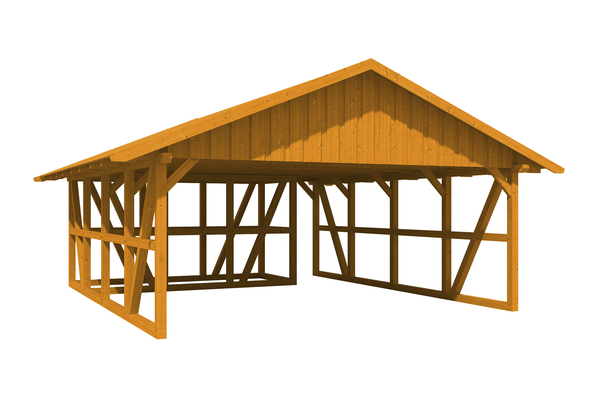 Carport SCHWARZWALD 684x772cm avec remise 417x160cm, planches de toit, KVH-bois d'épinette, traitement coloré chêne clair