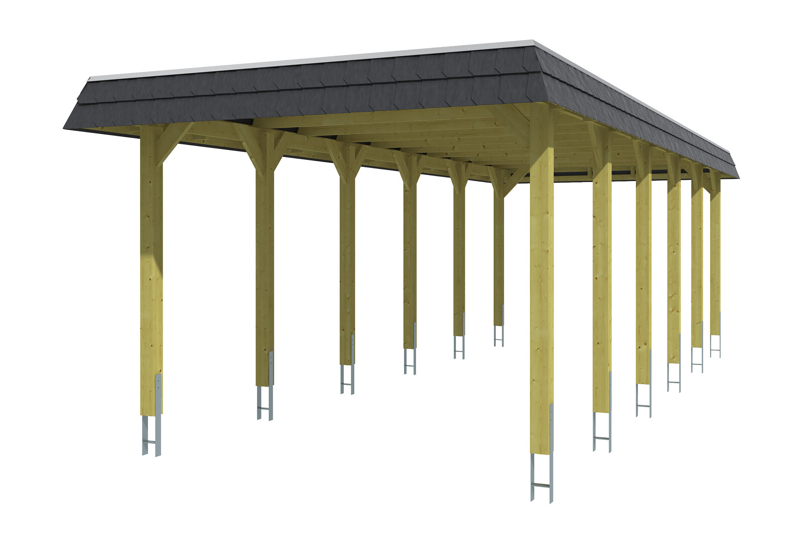 Carport Spreewald 345 x 893 cm mit Aluminiumdach, schwarze Blende, nussbaum