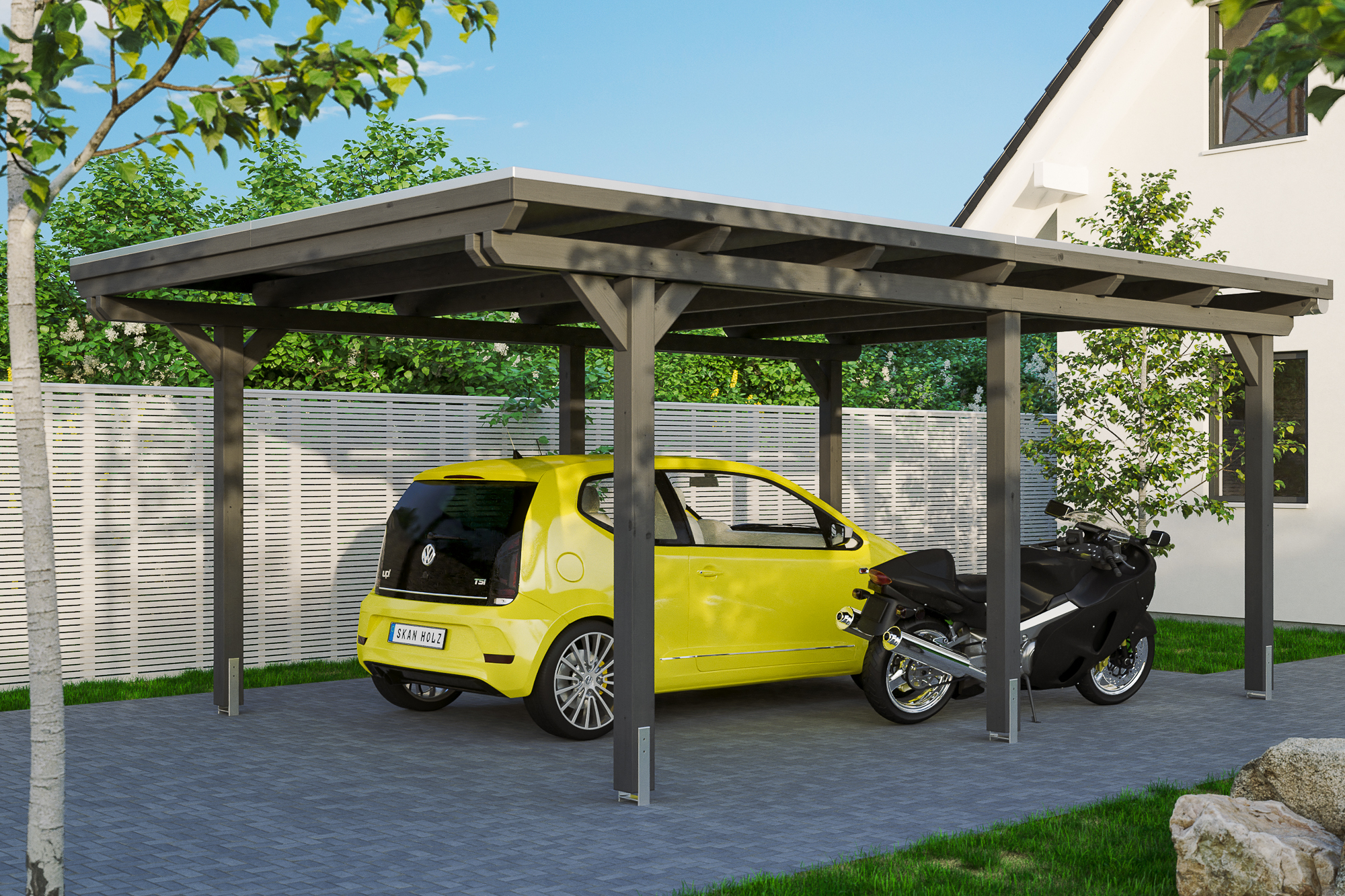 Ambientebild: Carport Emsland 404 x 604 cm, farblich behandelt in schiefergrau