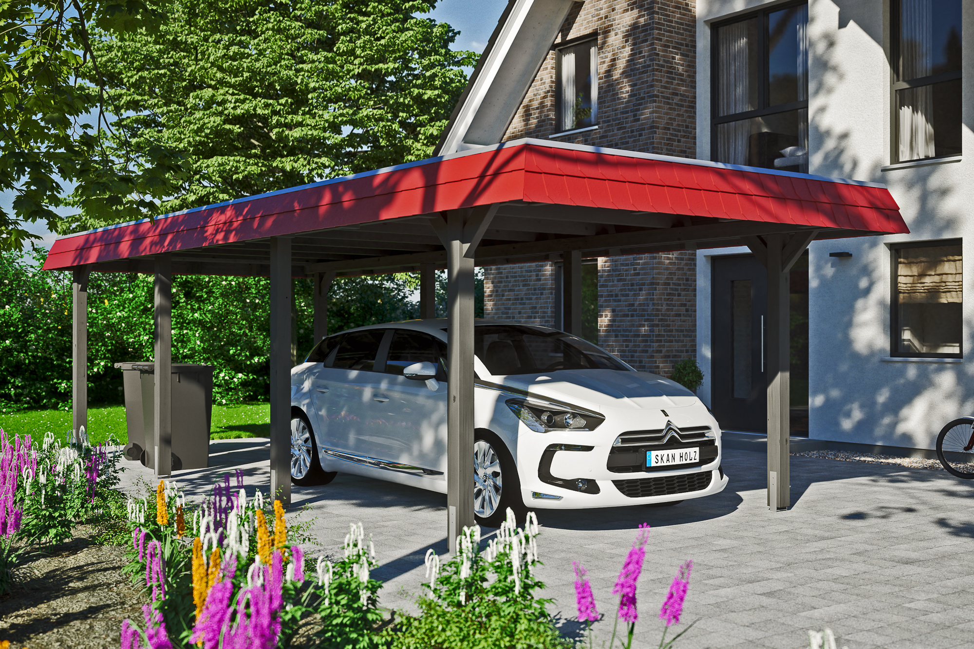 Ambientebild: Carport Wendland 362 x 870 cm, mit roter Blende, farblich behandelt in schiefergrau