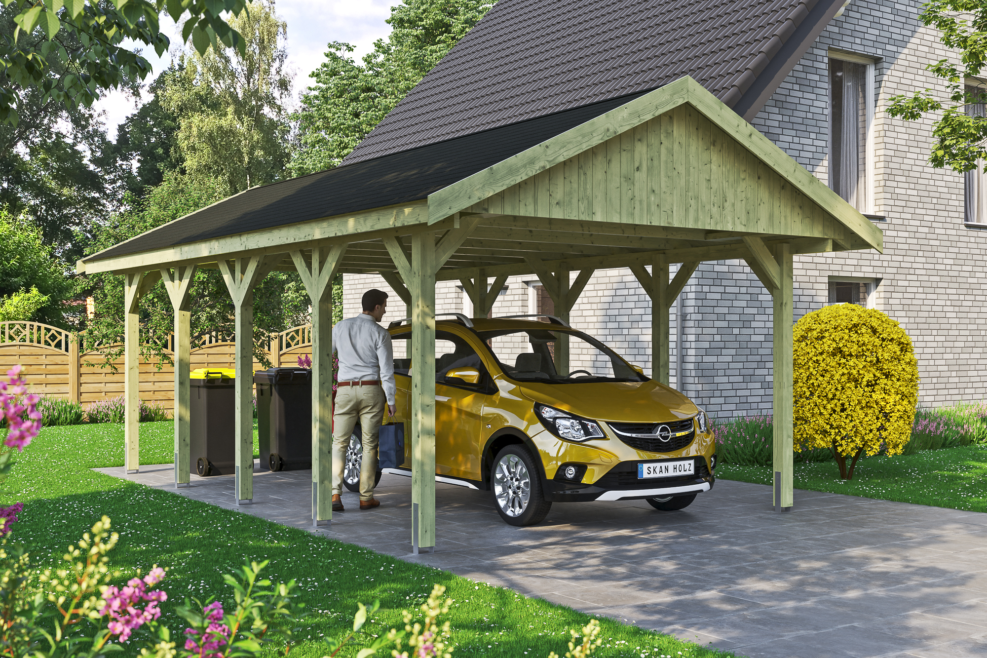 Ambientebild: Carport Wallgau 430 x 750 cm, mit schwarzen Dachschindeln, grün imprägniert 