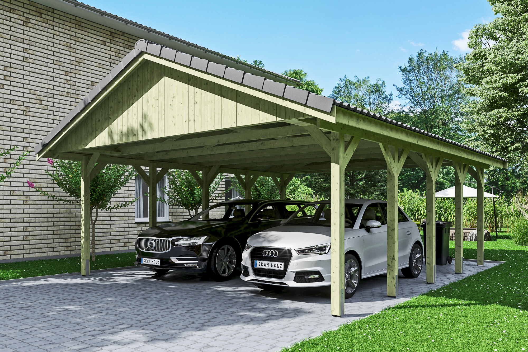 Ambientebild: Carport Wallgau 620 x 750 cm, mit Dachziegeln, grün imprägniert 