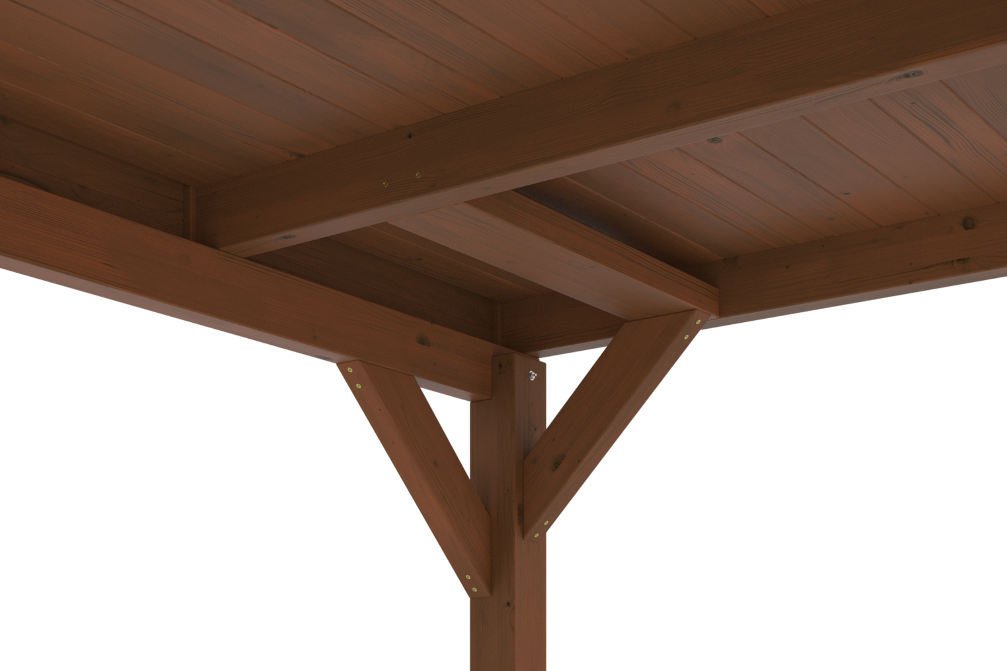 Detailbild: Dachkonstruktion beim Carport Grunewald, farblich behandelt in nussbaum, mit Dachschalung (von unten)