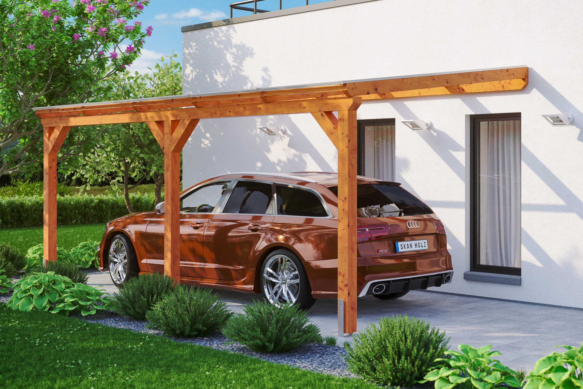 Ambientebild: Carport Vogtland 300 x 541 cm, farblich behandelt in eiche hell