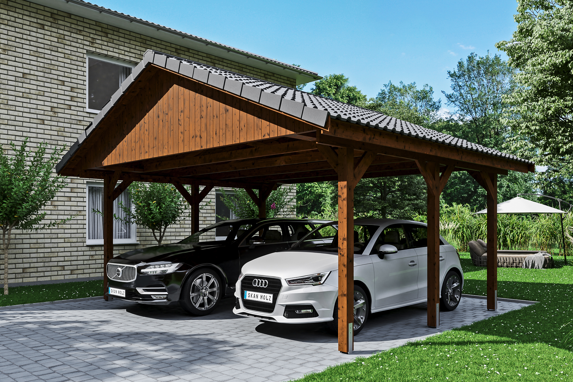 Ambientebild: Carport Wallgau 620 x 500 cm, mit Dachziegeln, farblich behandelt in nussbaum