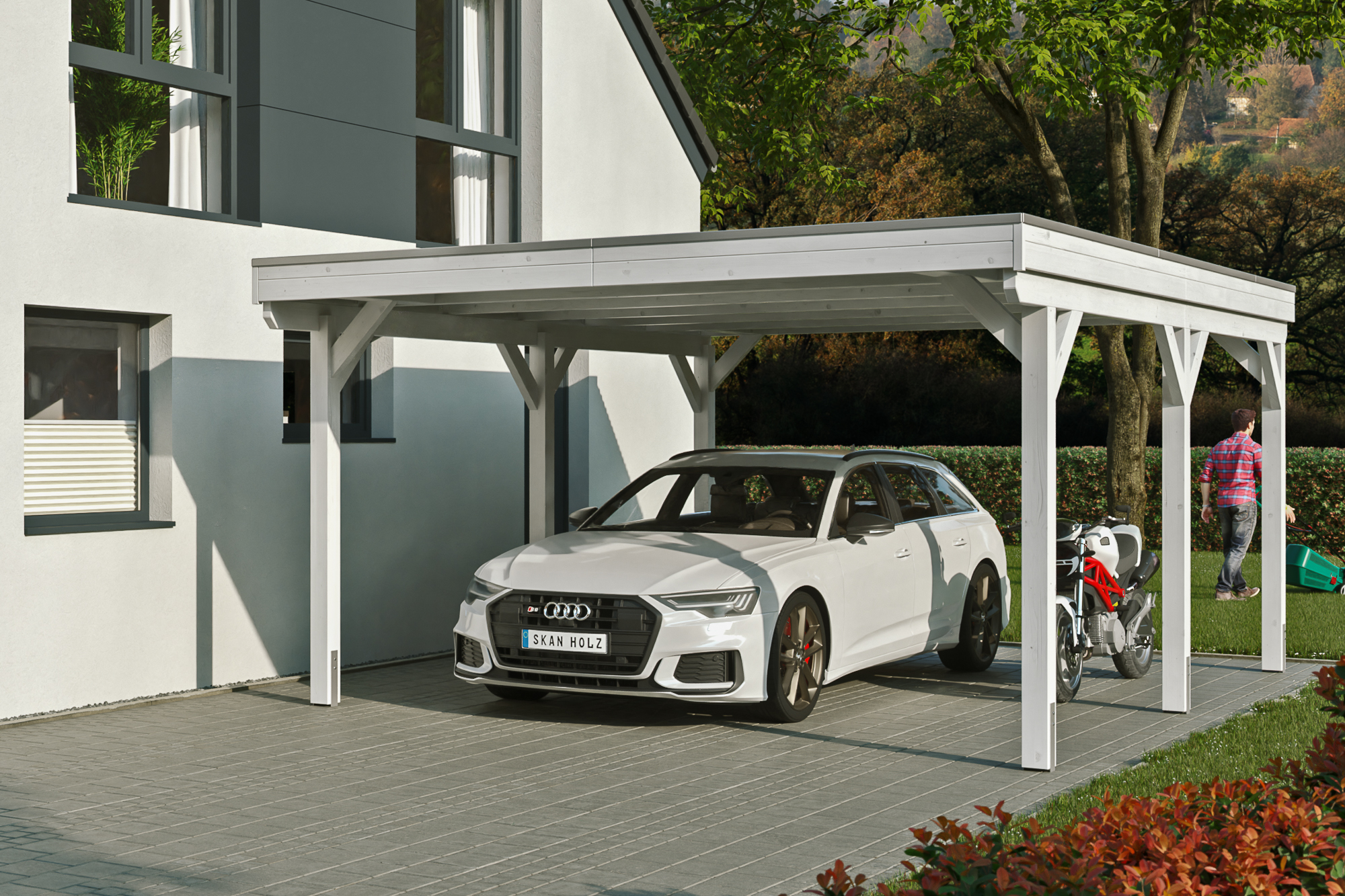 Ambientebild: Carport Grunewald 427 x 554 cm, farblich behandelt in weiß