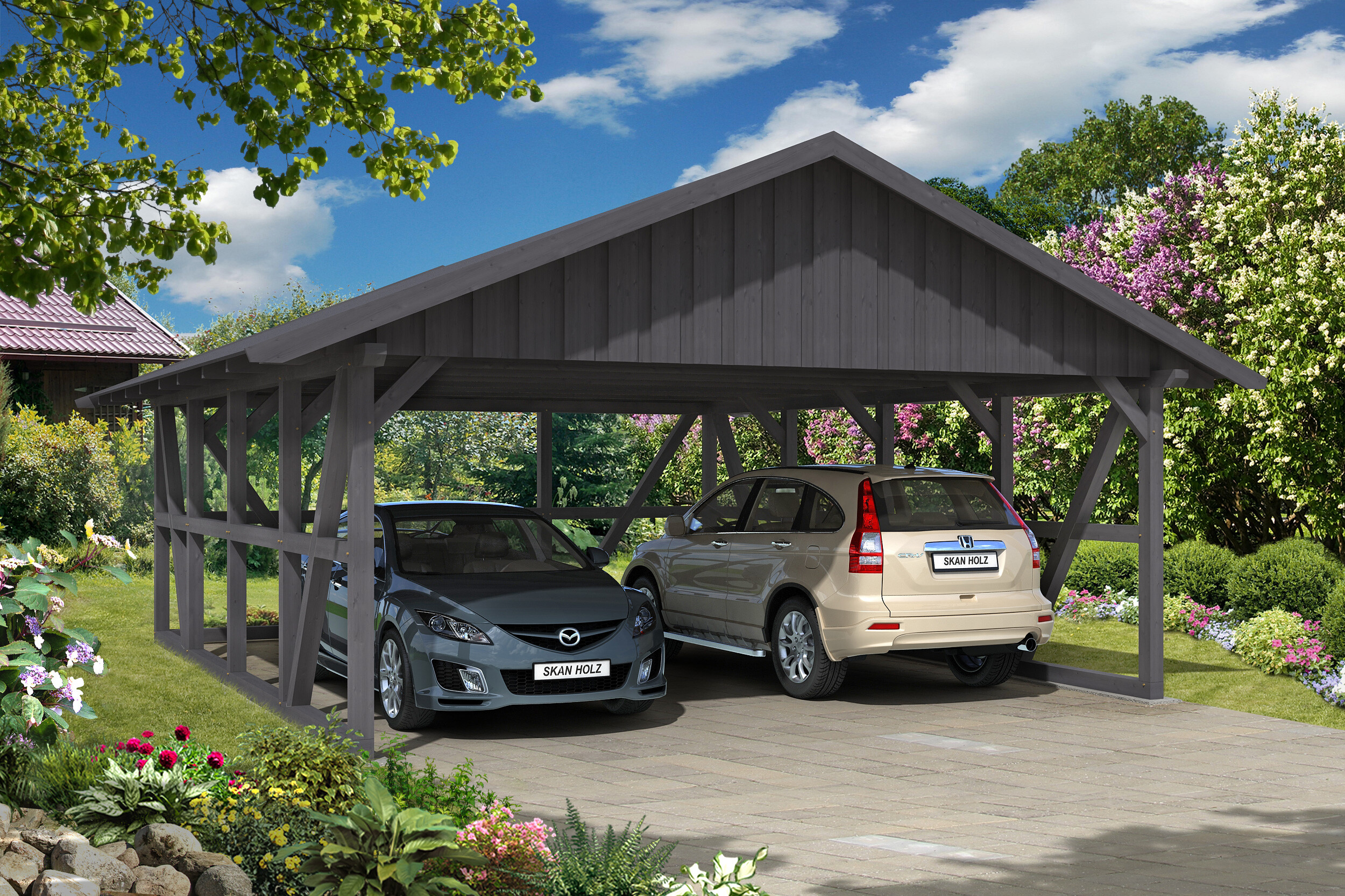 Carport Schwarzwald 684 x 772 cm, met achterwand, met dakbetimmering, gelakt in leigrijs