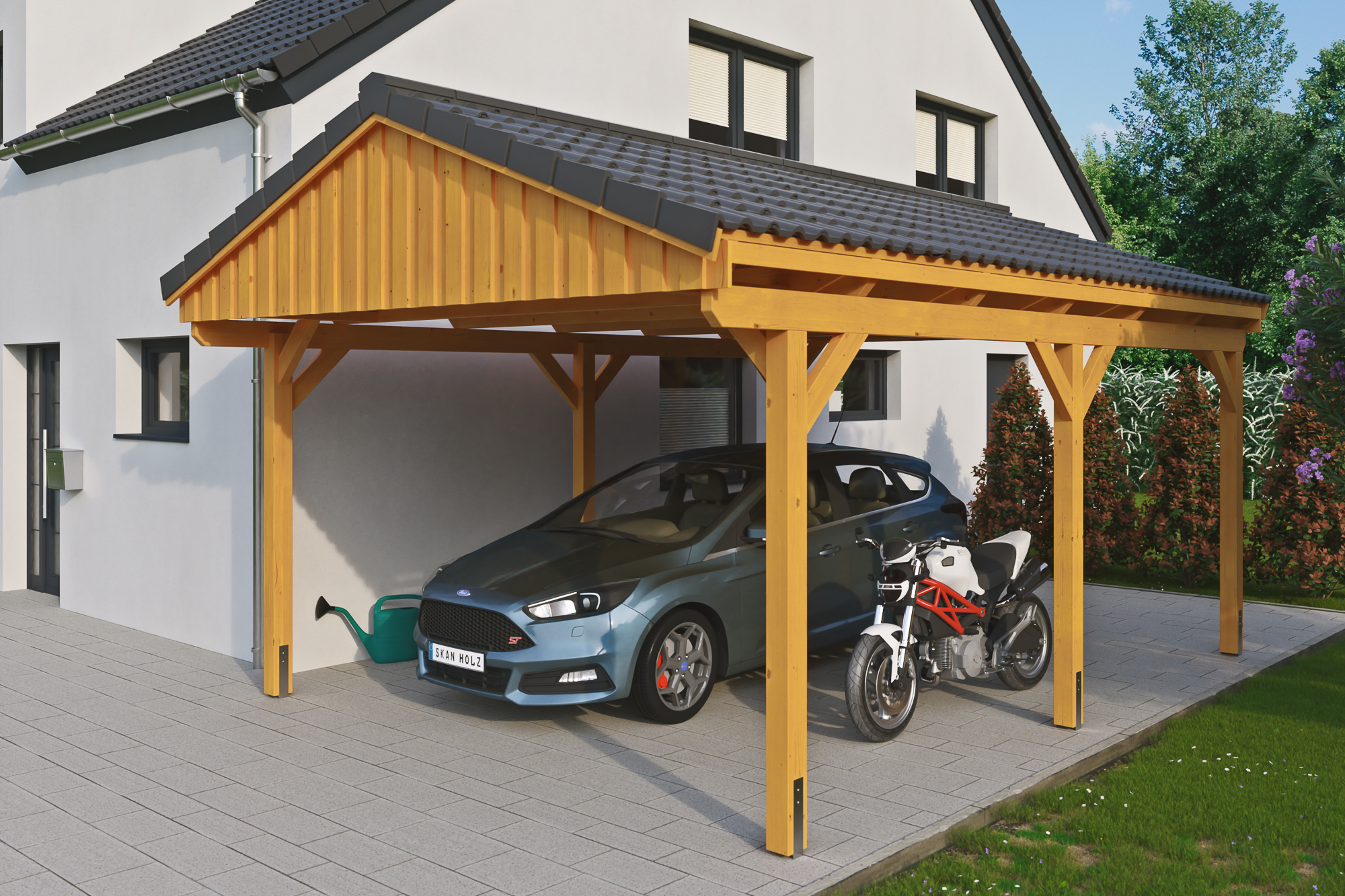 Ambientebild: Carport Fichtelberg 423 x 566 cm, farblich behandelt in eiche hell, mit Dachziegeln