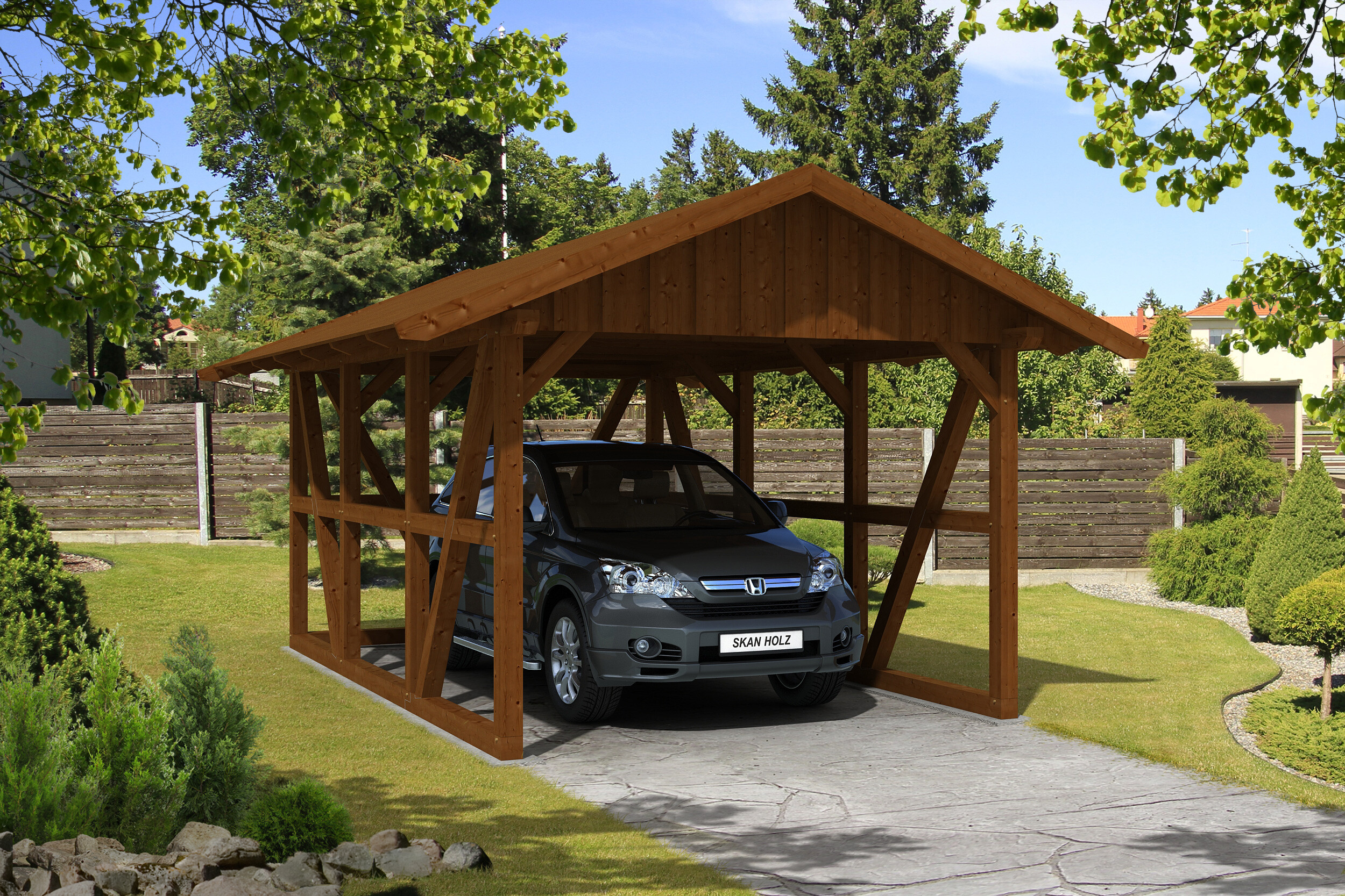 Carport Schwarzwald 424 x 600 cm mit Rückwand, nussbaum, mit Dachschalung