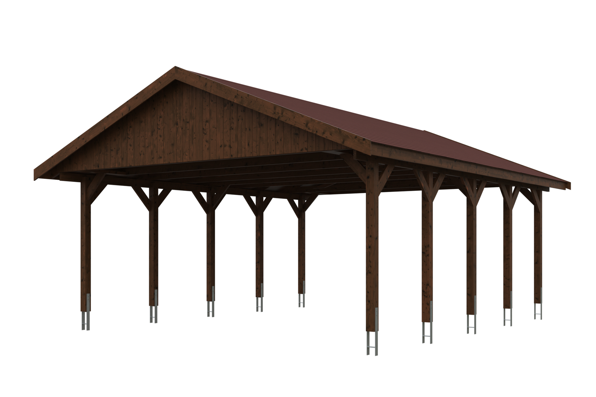 Produktbild: Carport Wallgau 620 x 750 cm, mit roten Dachschindeln, farblich behandelt in nussbaum