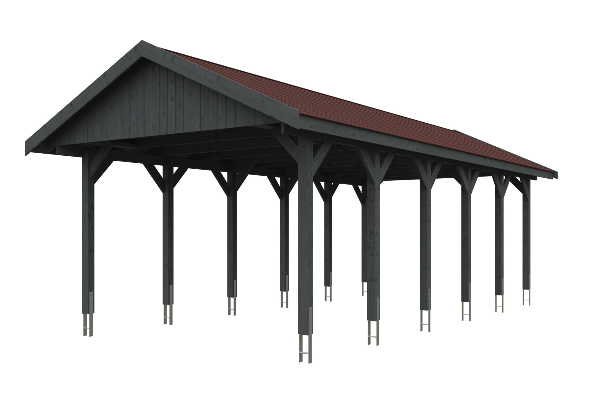Produktbild: Carport Wallgau 430 x 900 cm, mit roten Dachschindeln, farblich behandelt in schiefergrau