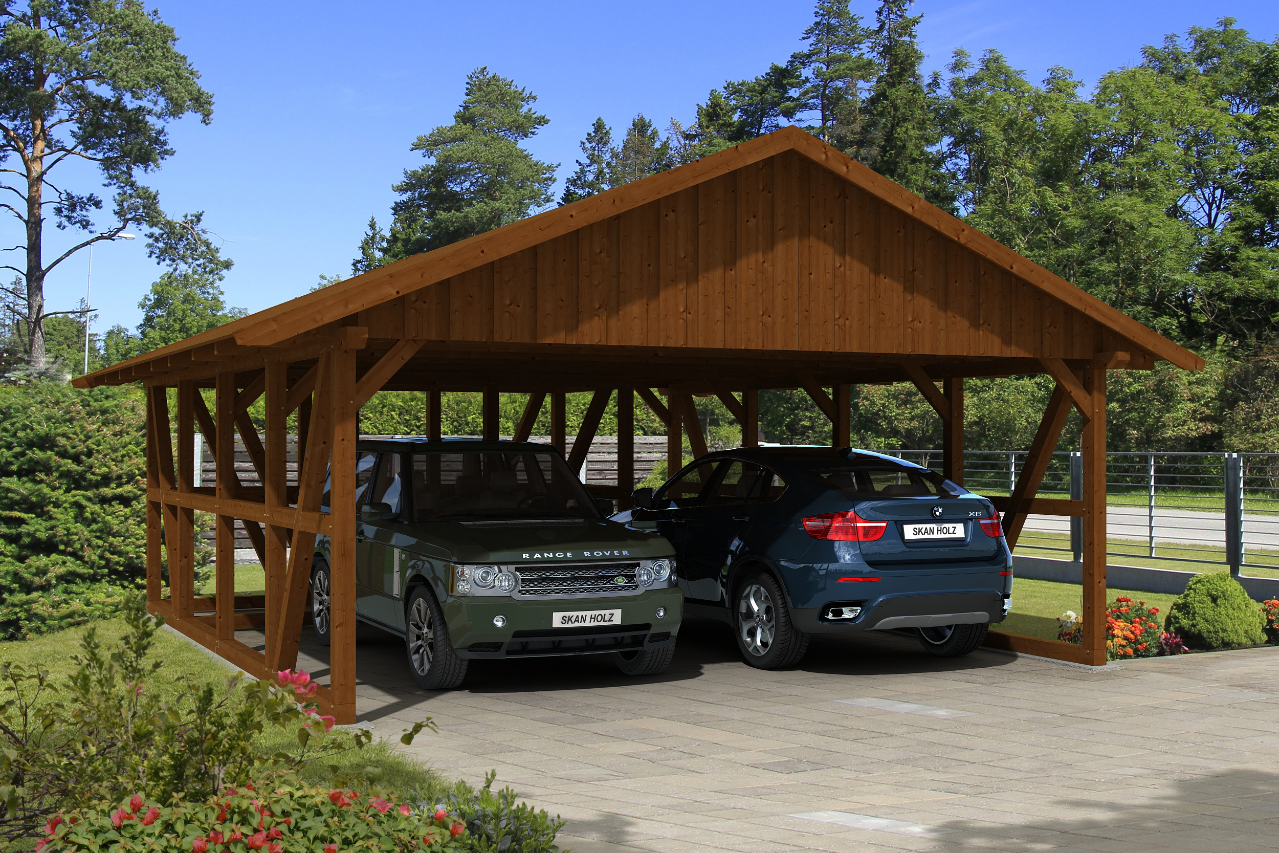 Carport Schwarzwald 684 x 772 cm, met bergruimte 417cm, met dakbetimmering, gelakt in noten