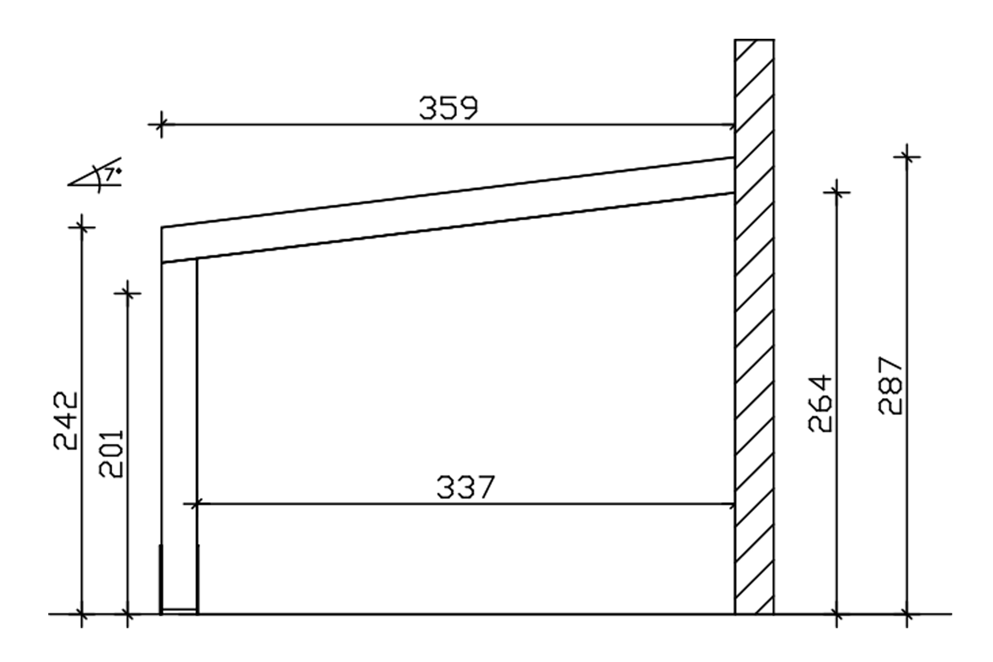 Grafik (Schnitt): Terrassenüberdachung Novara, Tiefe 359 cm