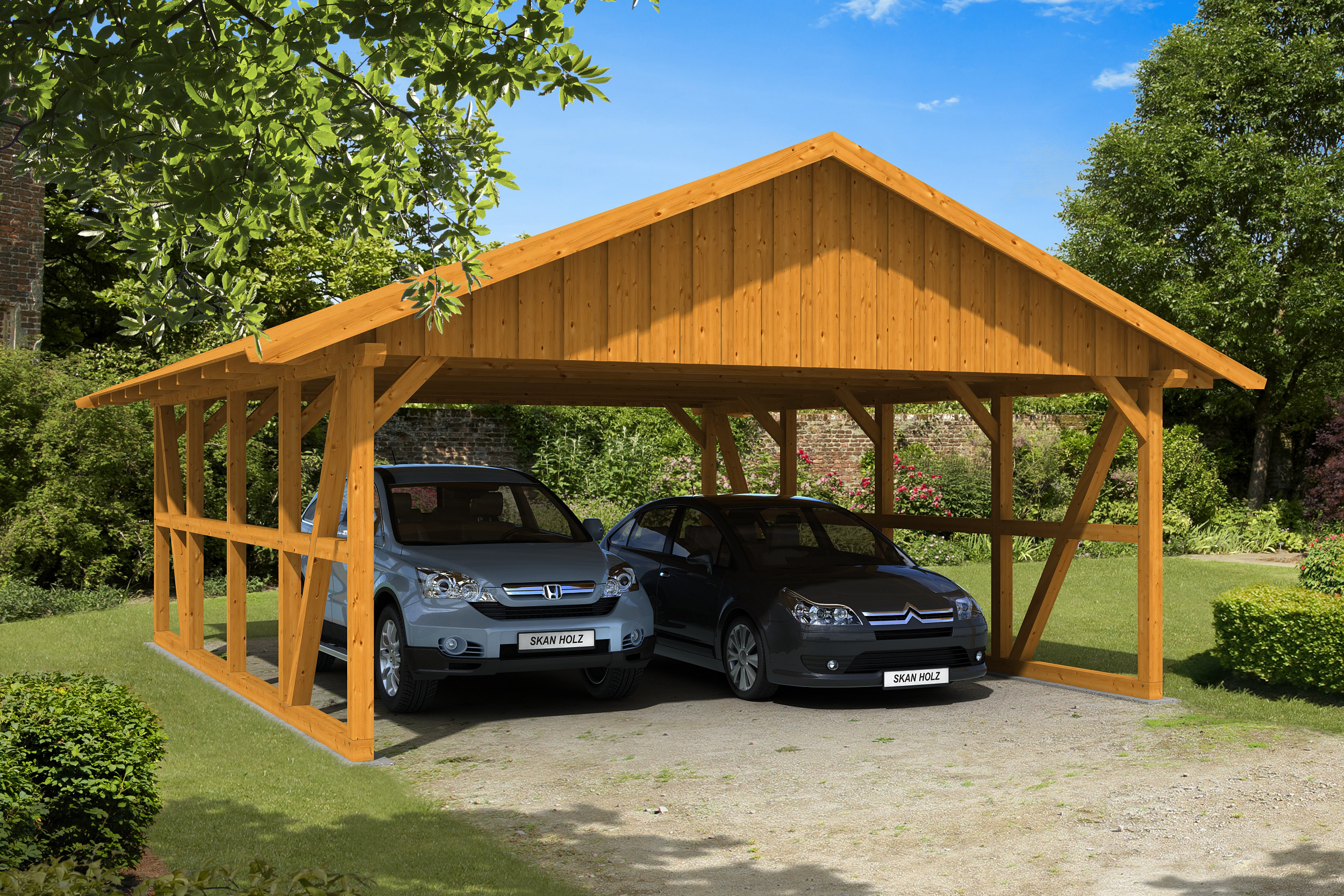 Carport Schwarzwald 684 x 772 cm met dakbetimmering, gelakt in licht eiken