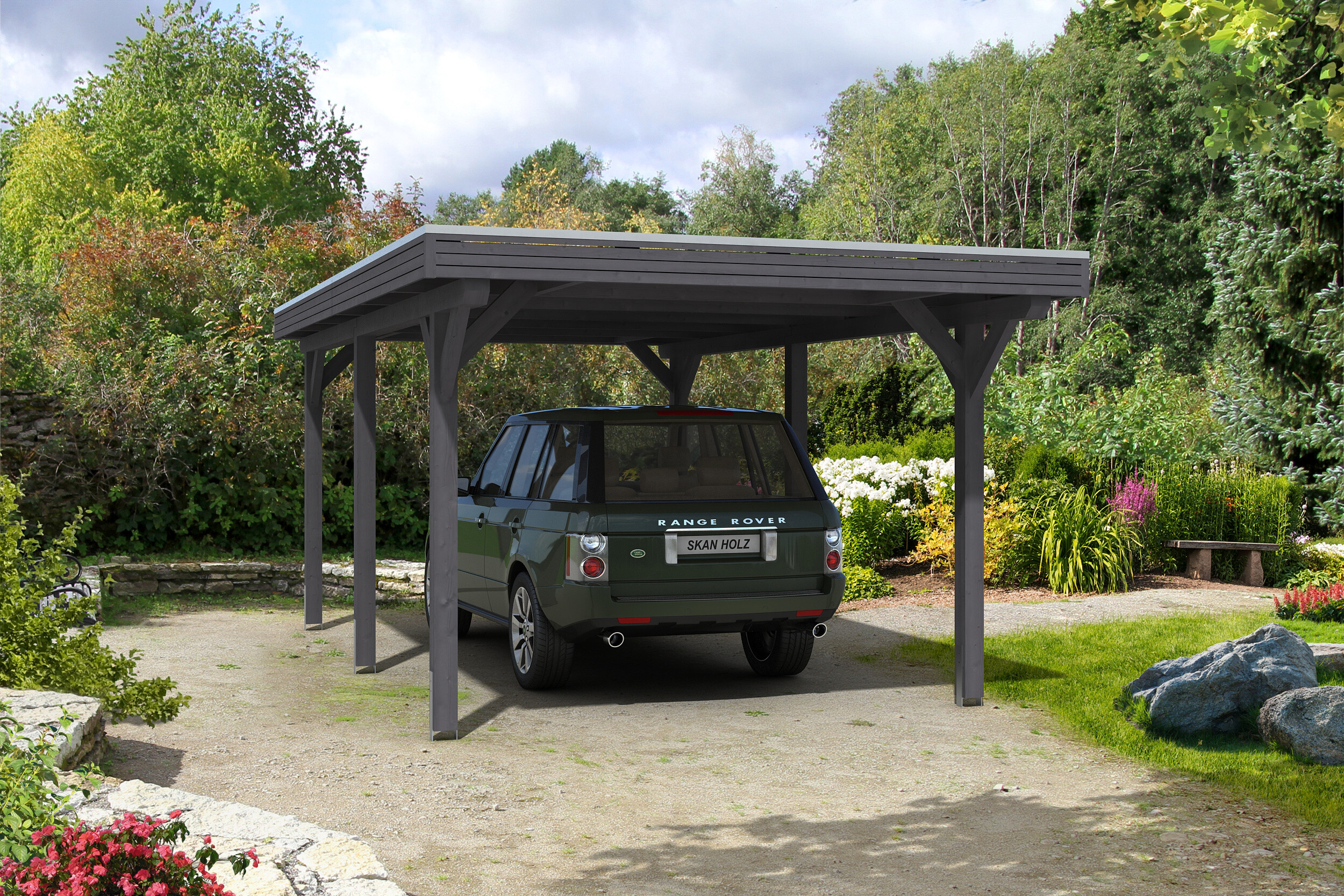 Carport Spessart 355 x 604 cm, gelakt in leigrijs, met Aluminium dakplaten