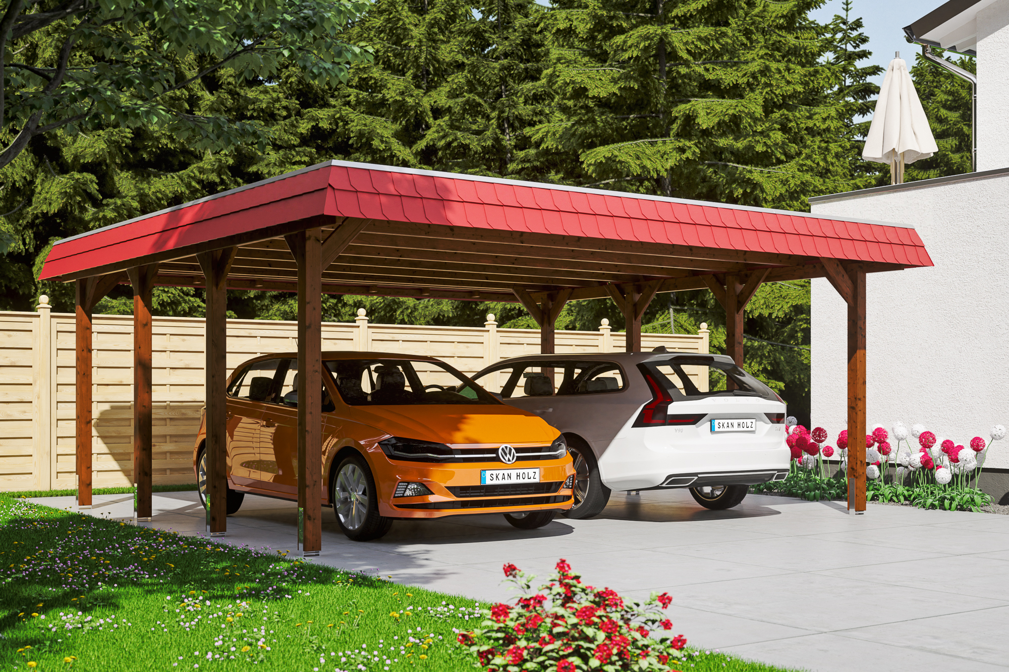 Ambientebild: Carport Spreewald 585 x 589 cm mit roter Blende, farblich behandelt in nussbaum