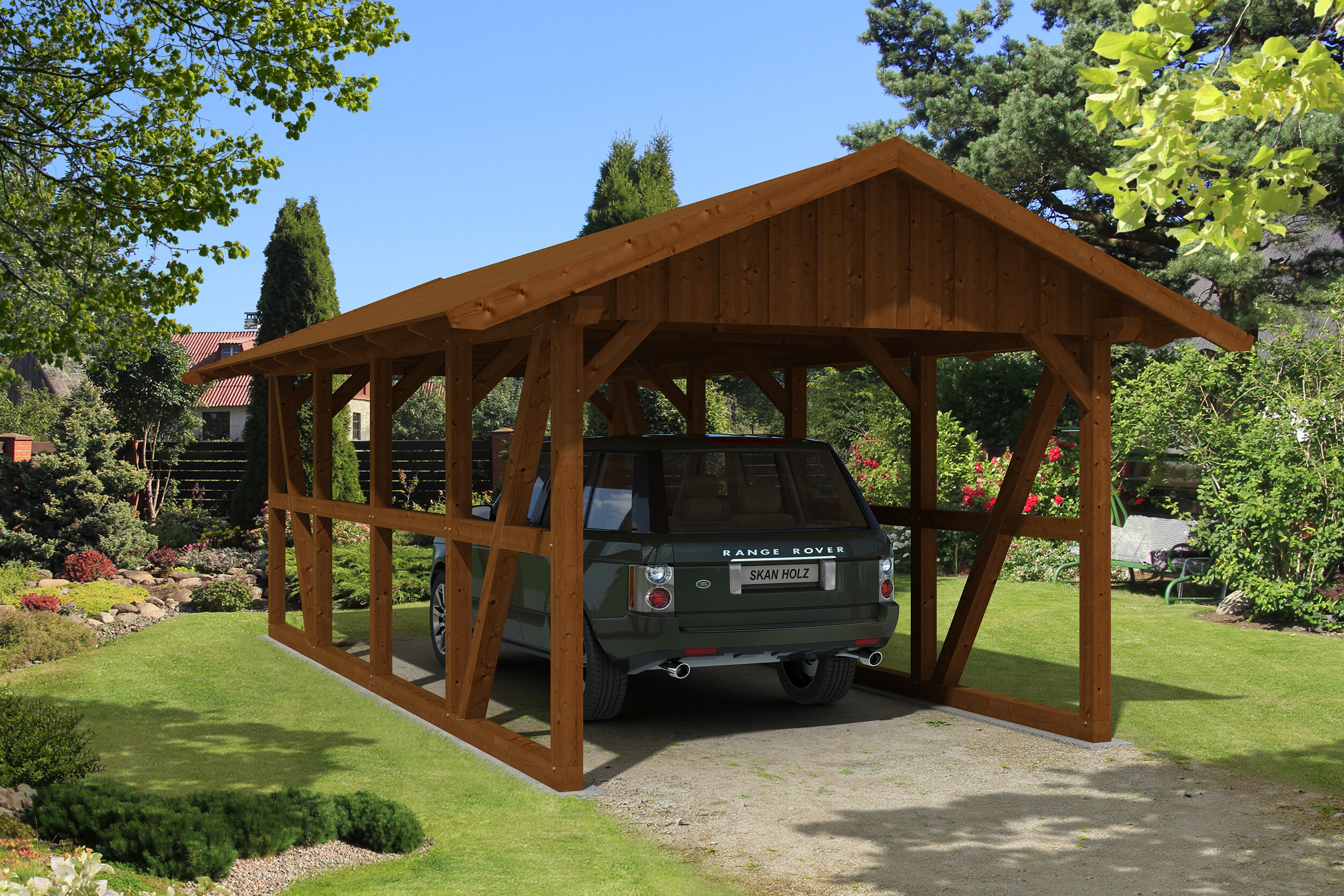 Carport Schwarzwald 424 x 772 cm, nussbaum, mit Dachschalung