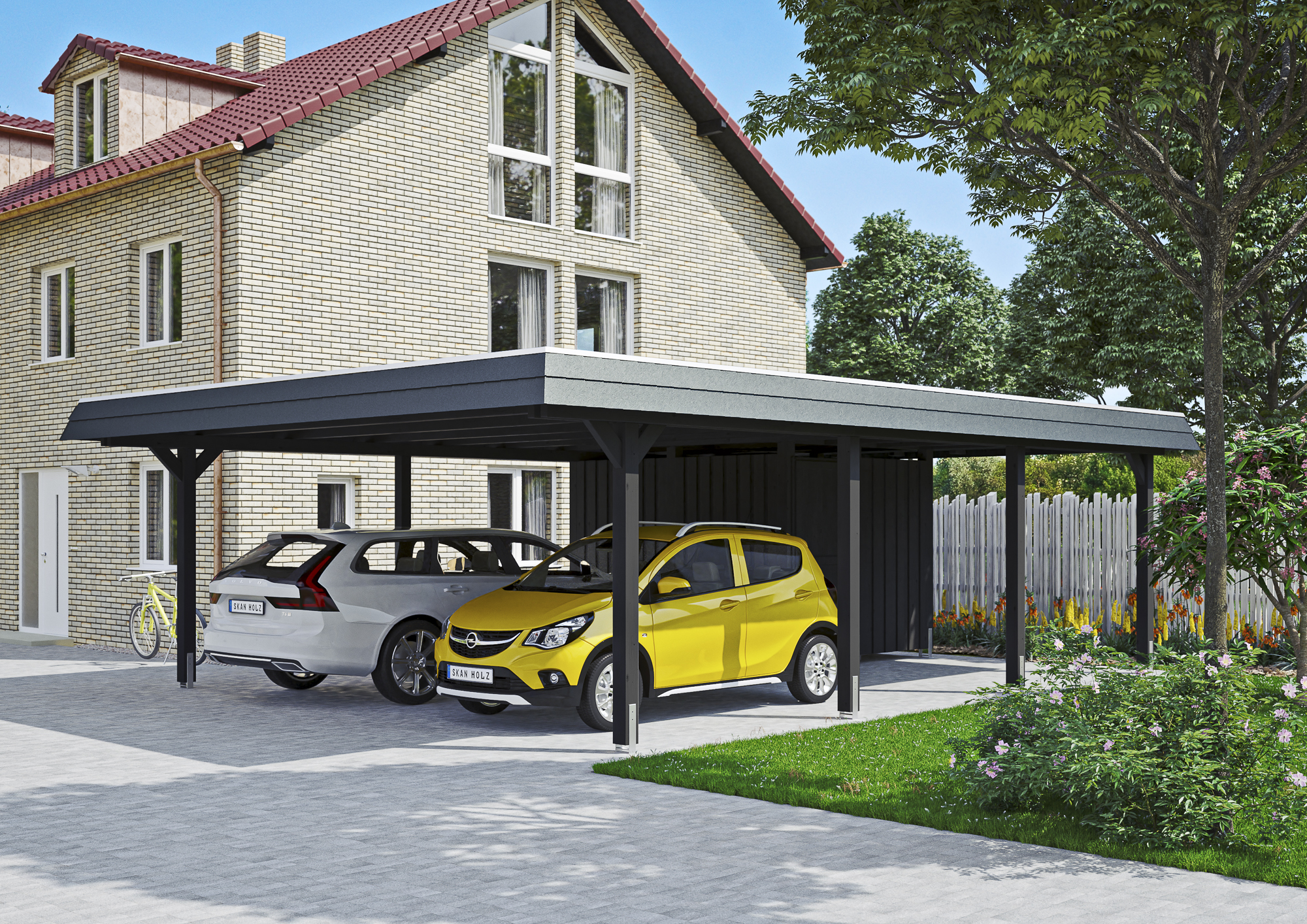 Ambientebild: Carport Wendland 630 x 879 cm, mit Abstellraum, mit schwarzer Blende, farblich behandelt in anthrazit