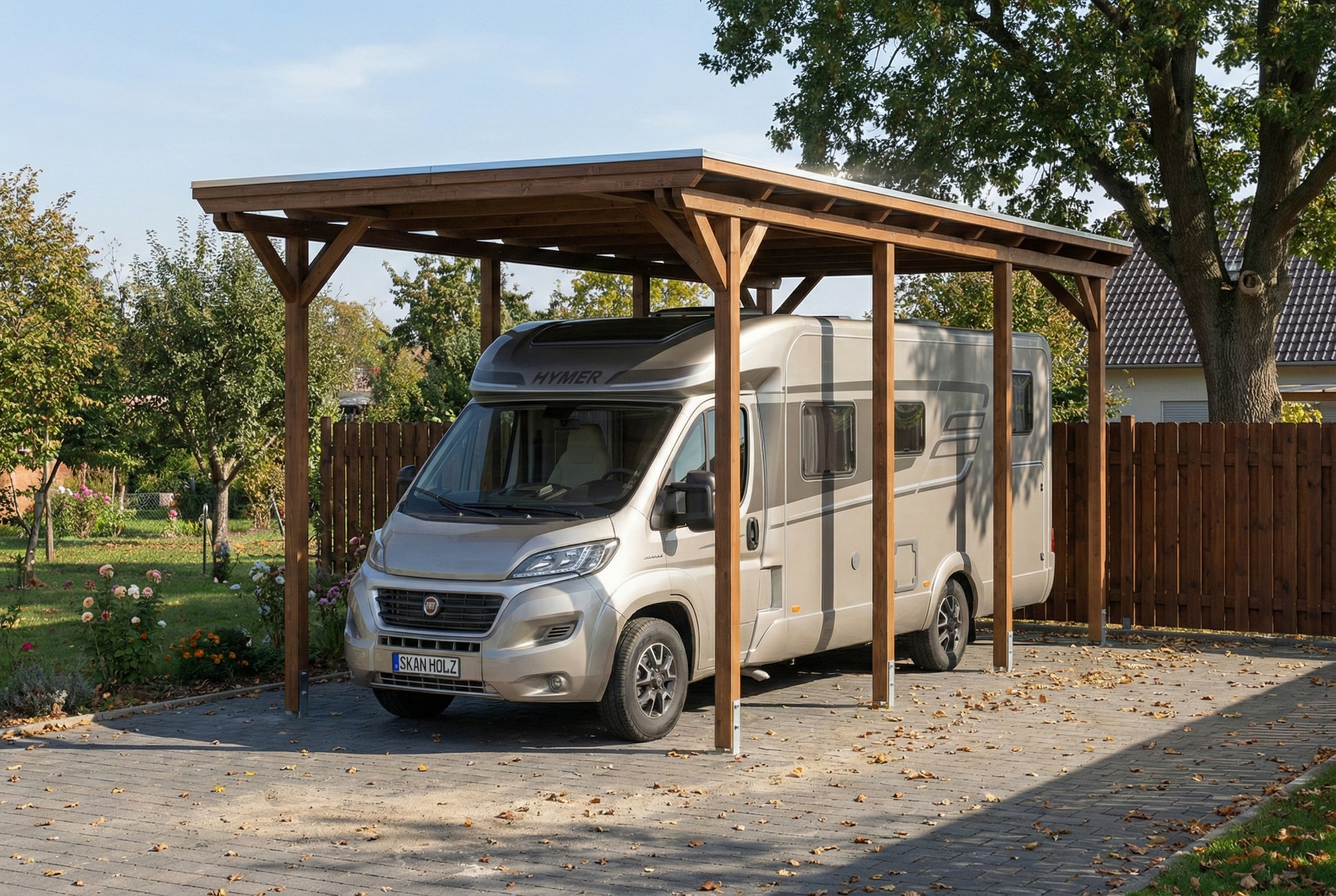 Carport Emsland Caravan 402 x 846 cm, panneaux de toit en acier avec voile de condensation antique, noyer