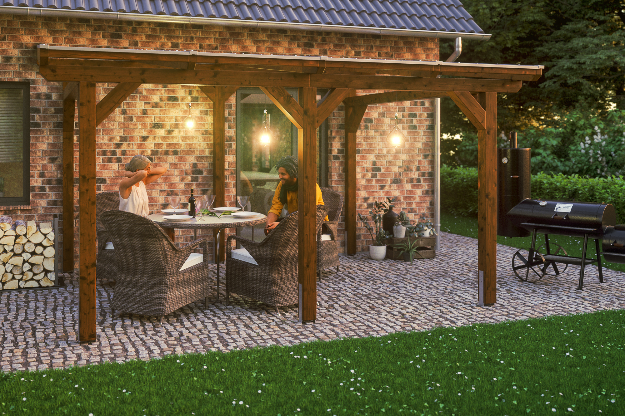 Terrasoverkapping Siena 434 x 250 cm, gelamineerd hout, gelakt in noten