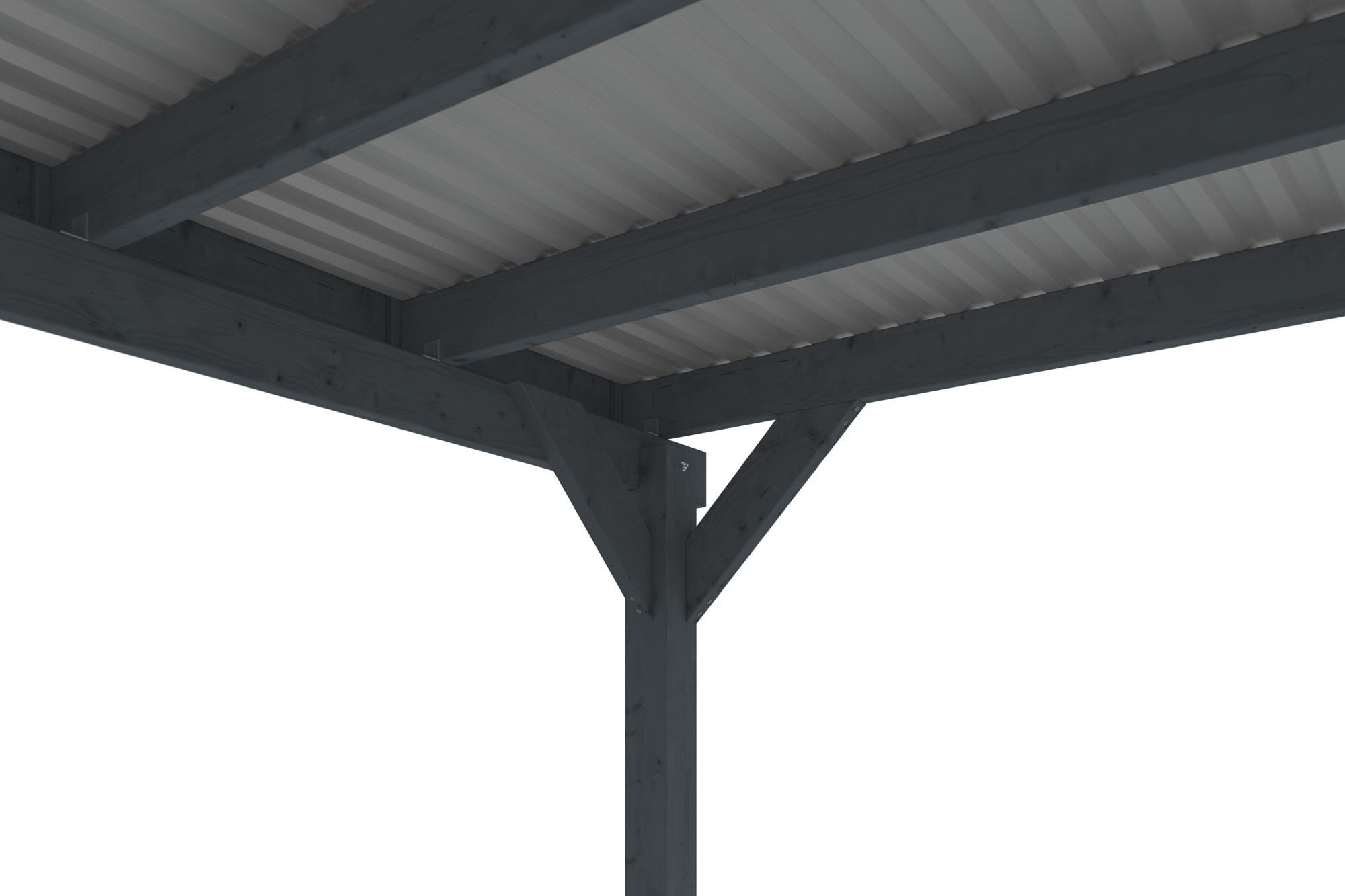 Detailbild: Dachkonstruktion beim Carport Friesland, farblich behandelt in anthrazit, mit Aluminiumdachplatten (von unten)