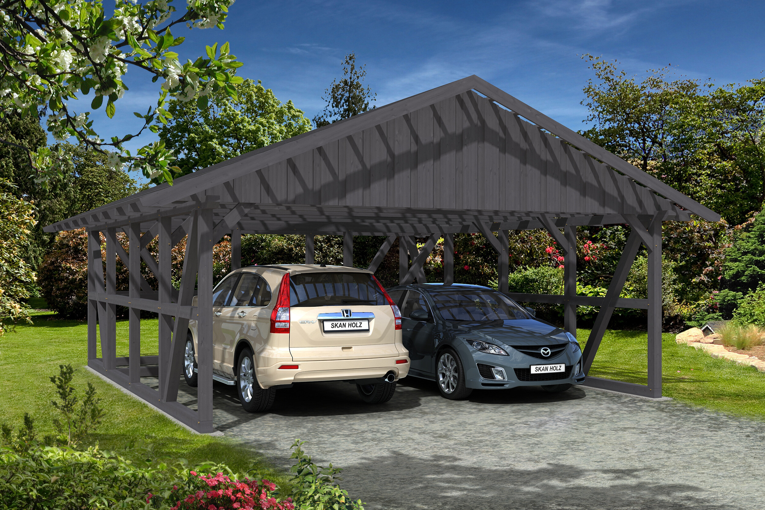 Carport Schwarzwald 684 x 772 cm mit Abstellraum 3, schiefergrau, mit Dachlattung