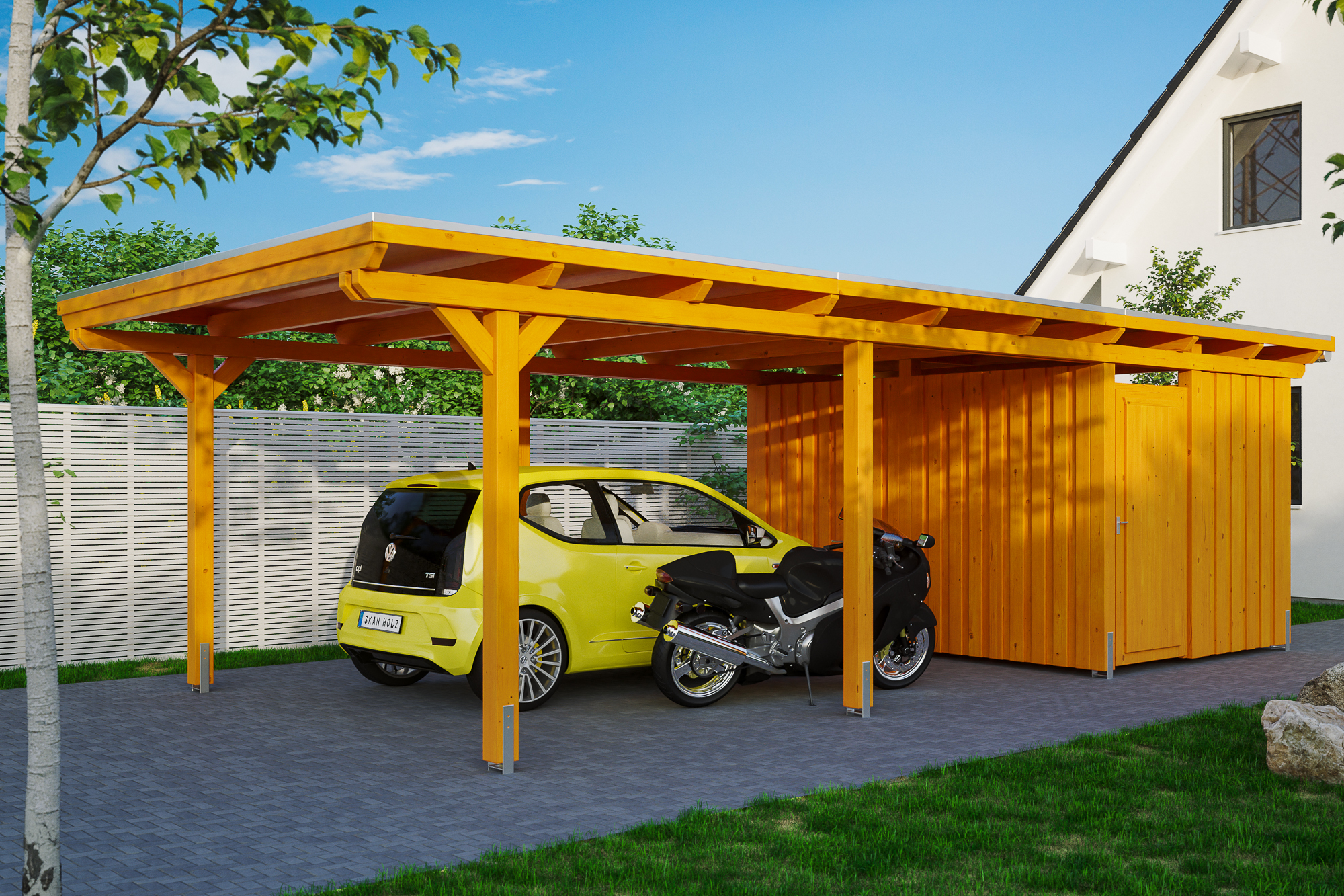 Ambientebild: Carport Emsland 404 x 846 cm mit Abstellraum, farblich behandelt in eiche hell