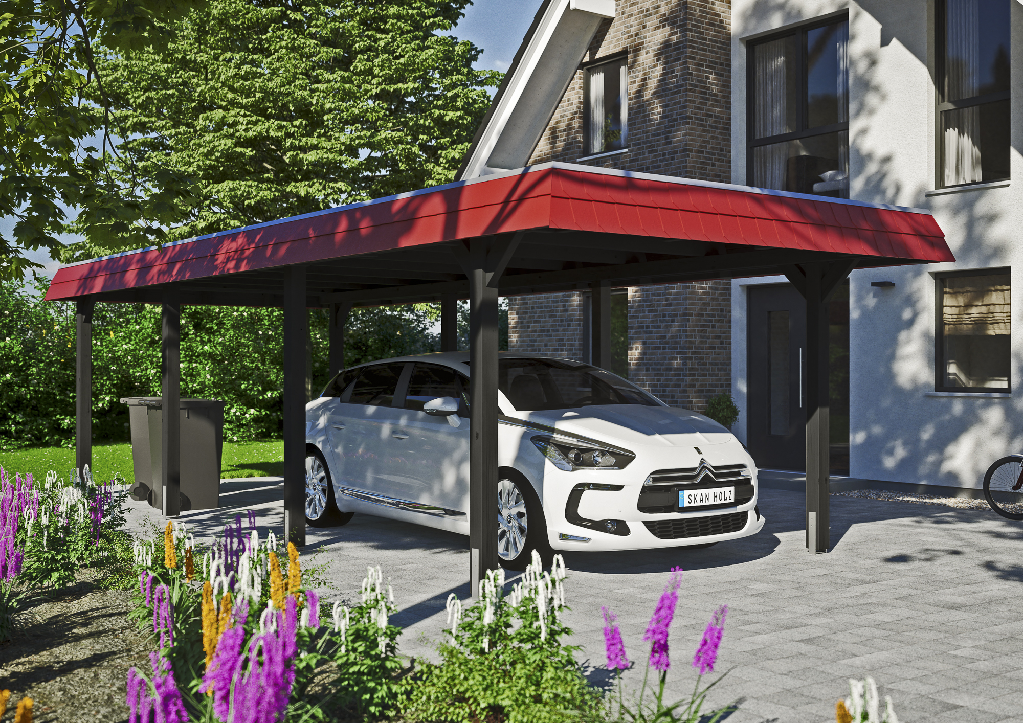 Ambientebild: Carport Wendland 362 x 870 cm, mit roter Blende, farblich behandelt in anthrazit