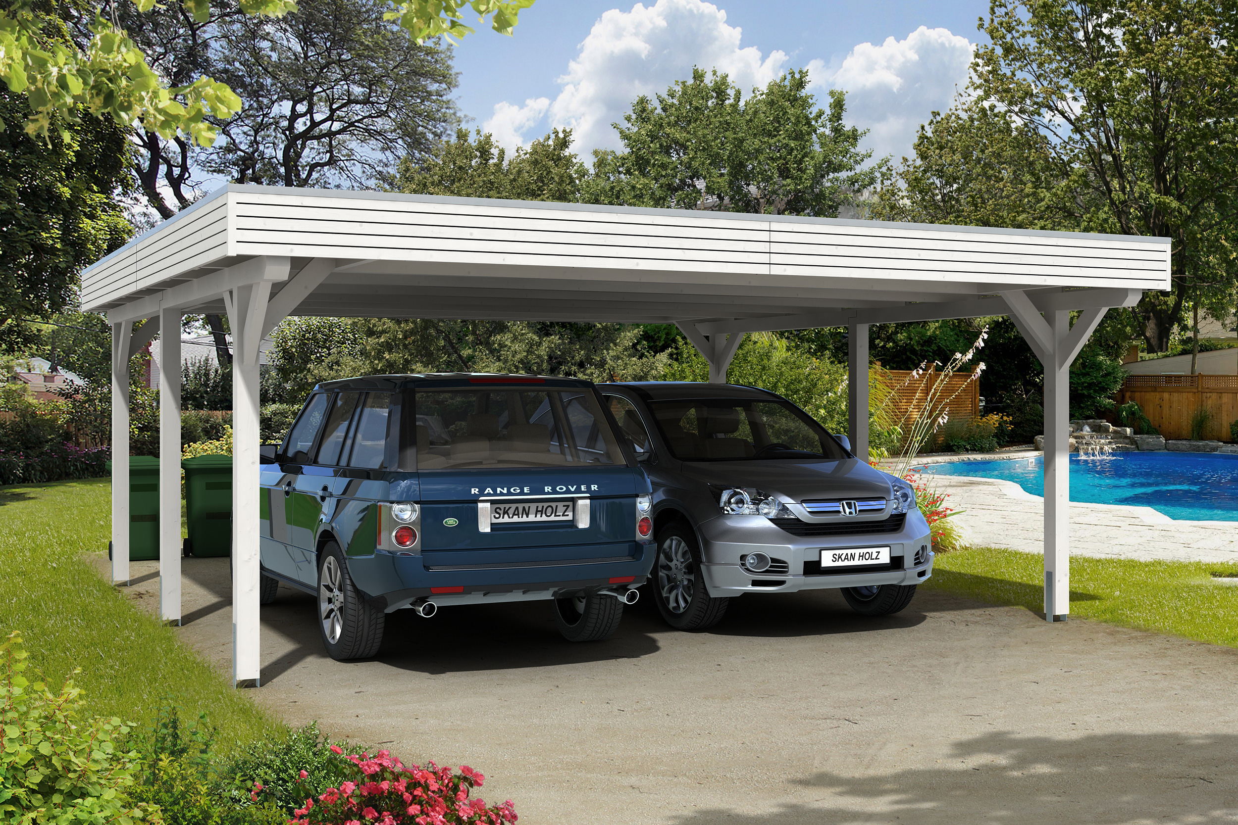 Ambientebild: Carport Spessart 611 x 604 cm, farblich behandelt in weiß