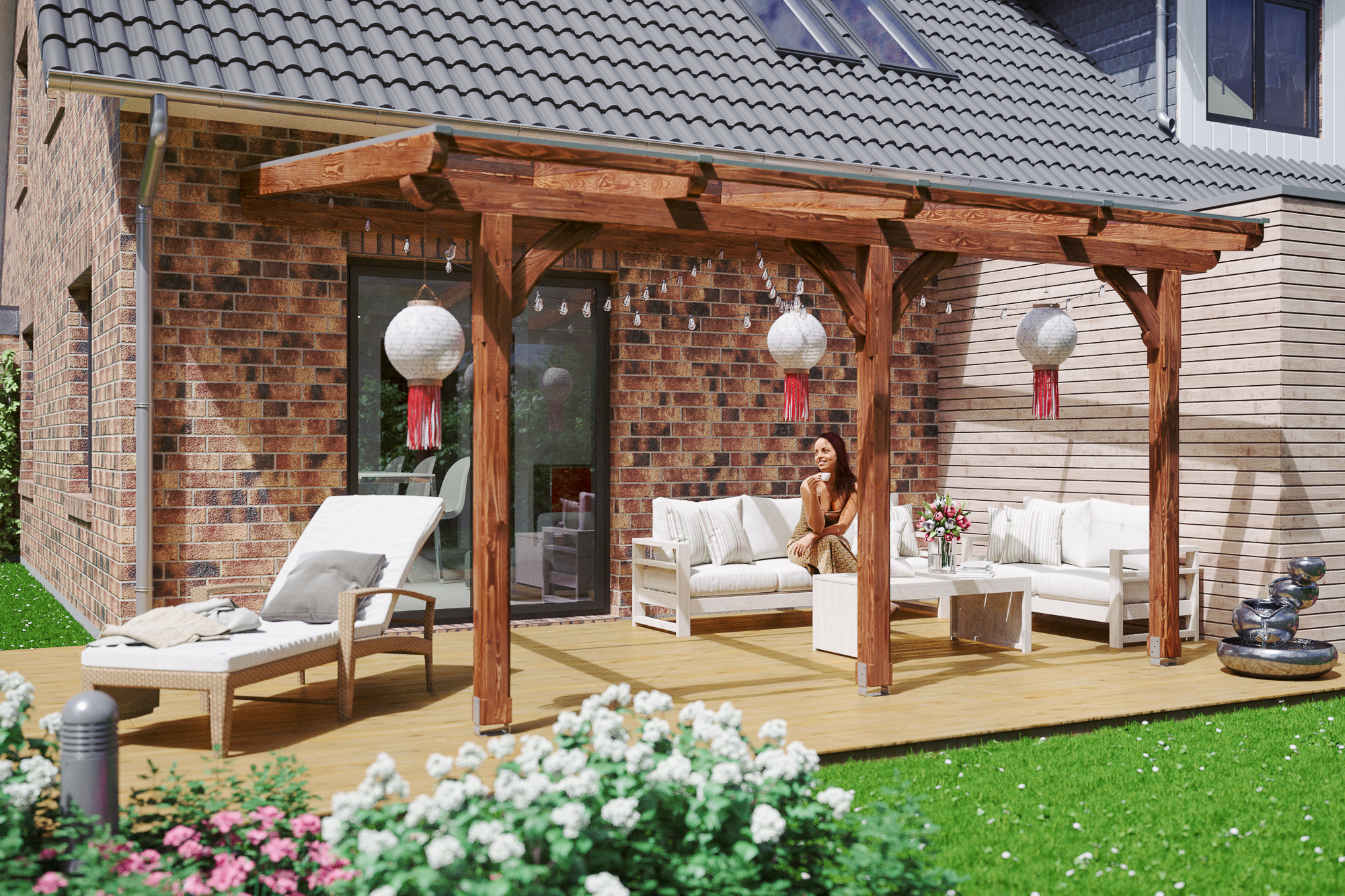 Ambientebild: Terrassenüberdachung Rimini, Breite 434 cm, farblich behandelt in nussbaum