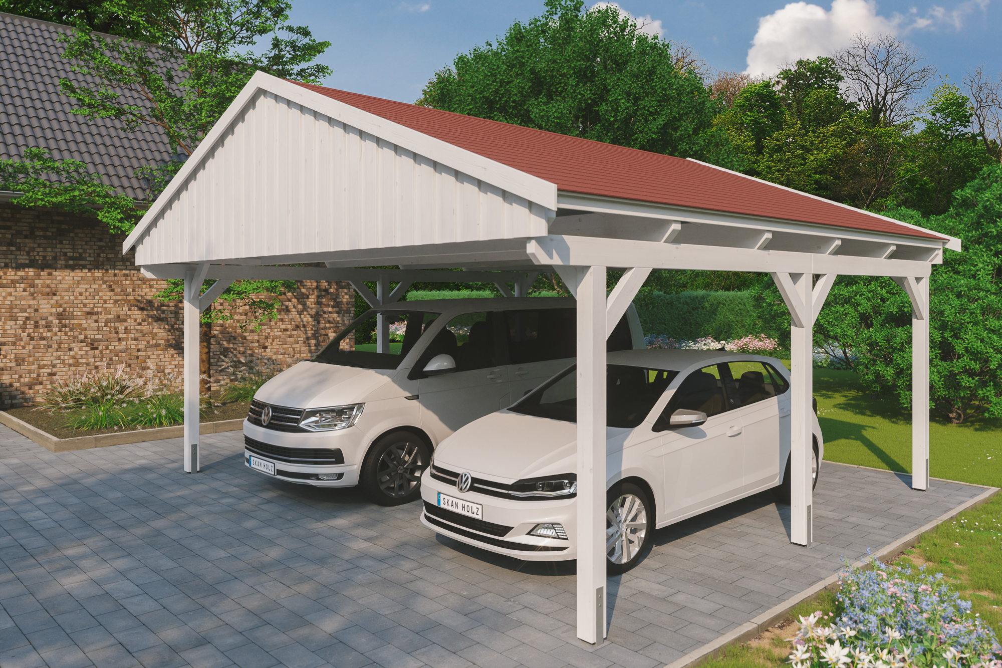 Ambientebild: Carport Fichtelberg 618 x 566 cm, farblich behandelt in weiß, mit roten Dachschindeln