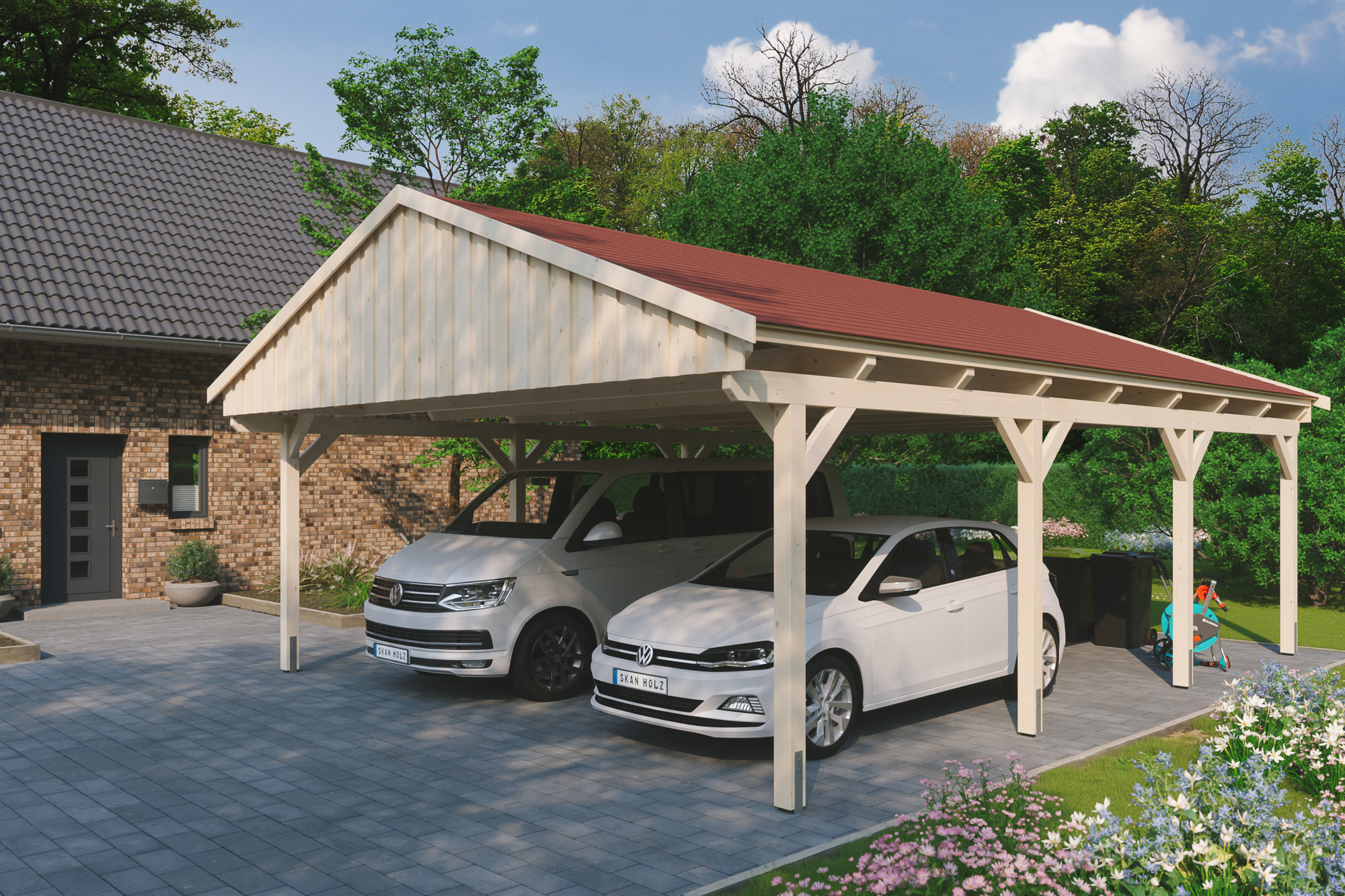 Carport Fichtelberg 618 x 808 cm, rode dakshingels, onbehandeld