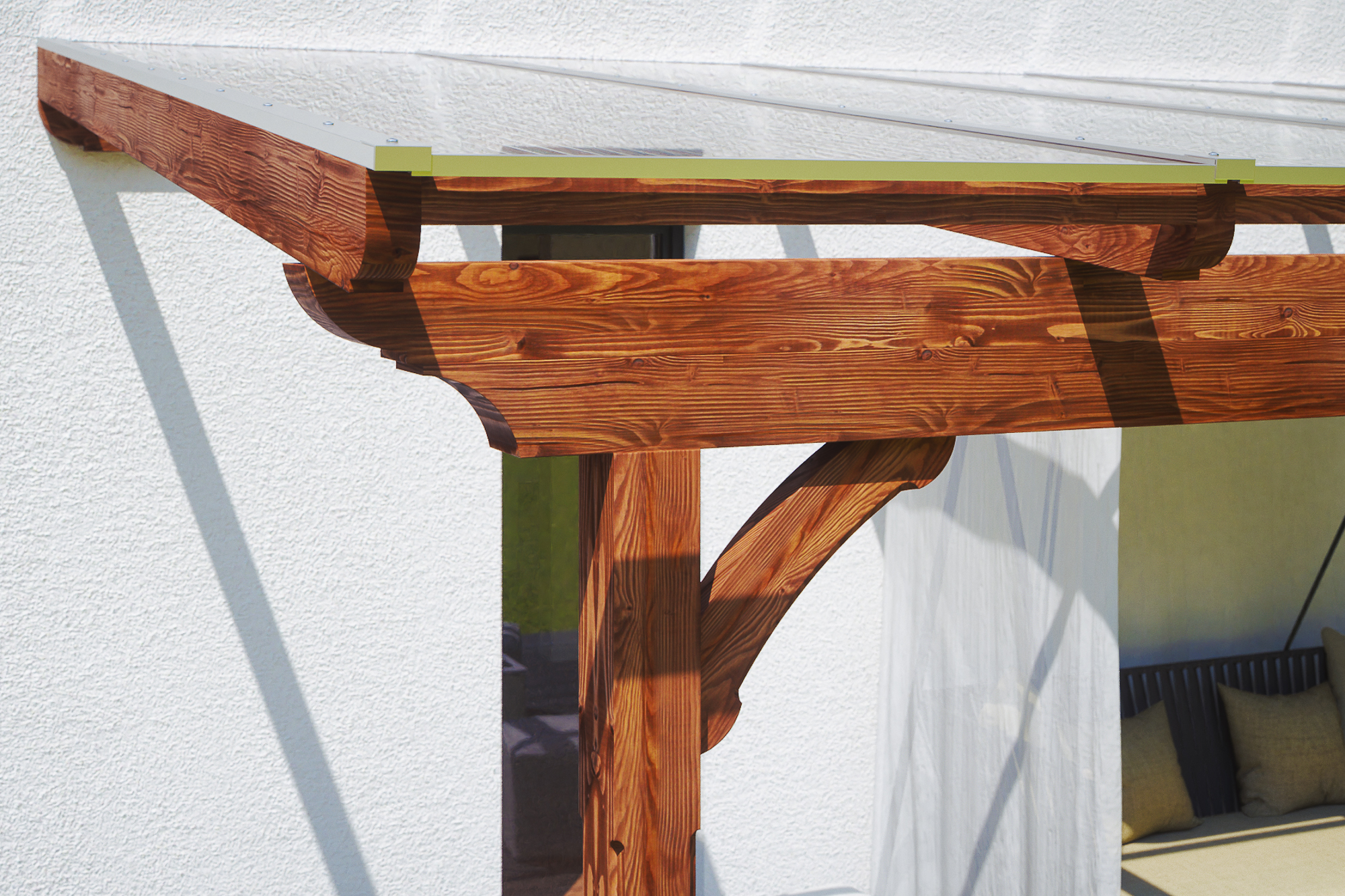 Detailbild einer Terrassenüberdachung Ravenna farblich behandelt in nussbaum mit Blick seitlich auf das Dach