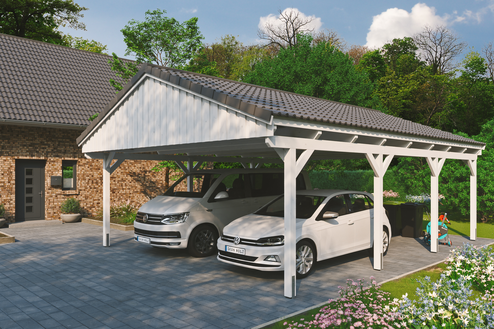 Ambientebild: Carport Fichtelberg 618 x 808 cm, farblich behandelt in weiß, mit Dachziegeln