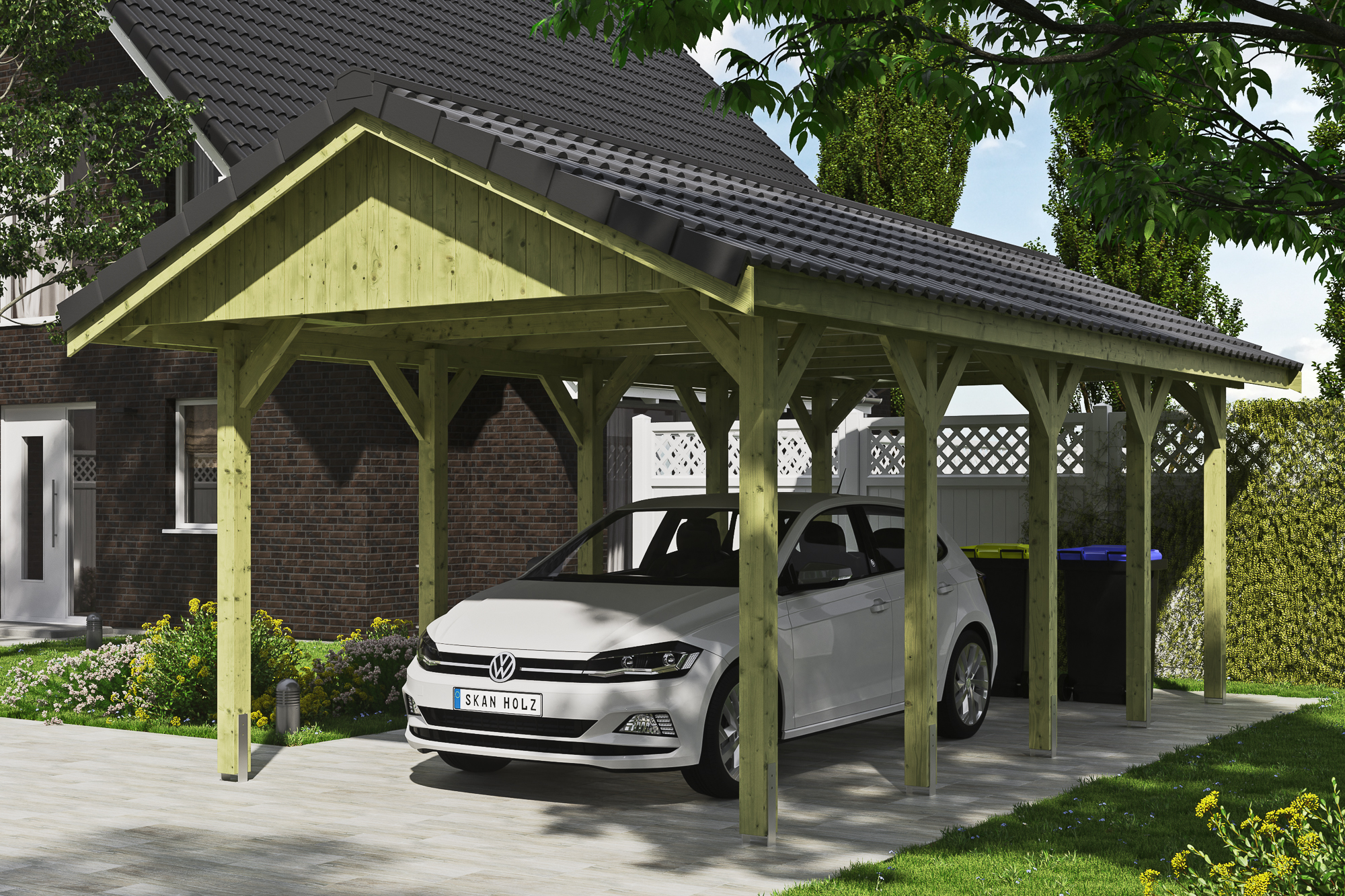 Ambientebild: Carport Wallgau 380 x 750 cm, mit Dachziegeln, grün imprägniert 