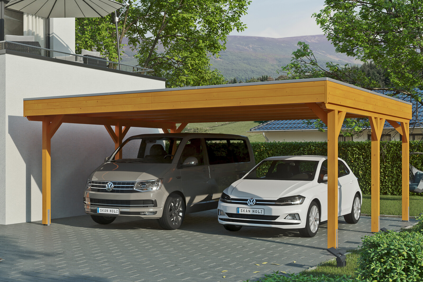 Carport Grunewald 622 x 554 cm with aluminium roof, colour pre-treated light oak