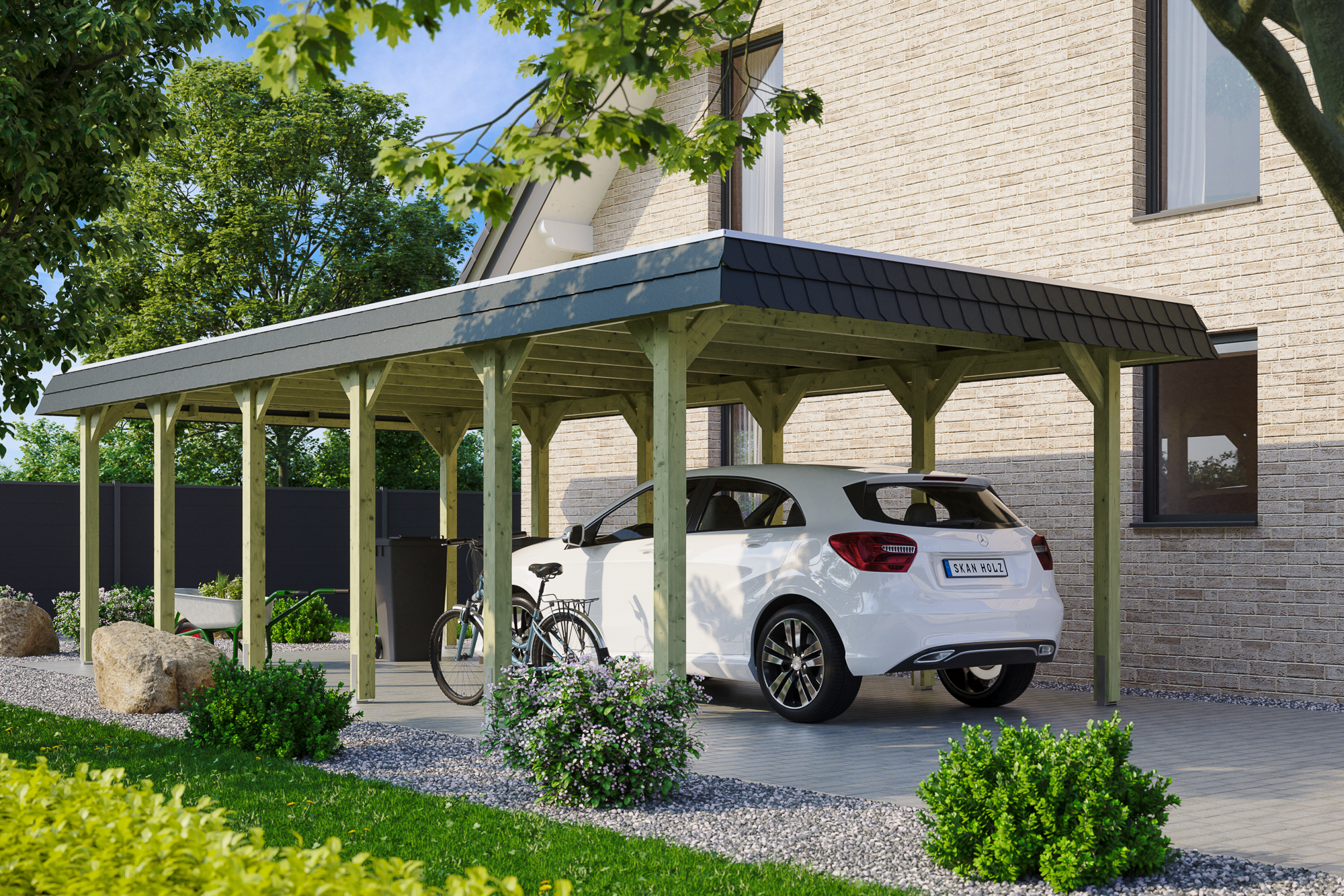 Ambientebild: Carport Spreewald 396 x 893 cm mit schwarzer Blende, grün imprgniert