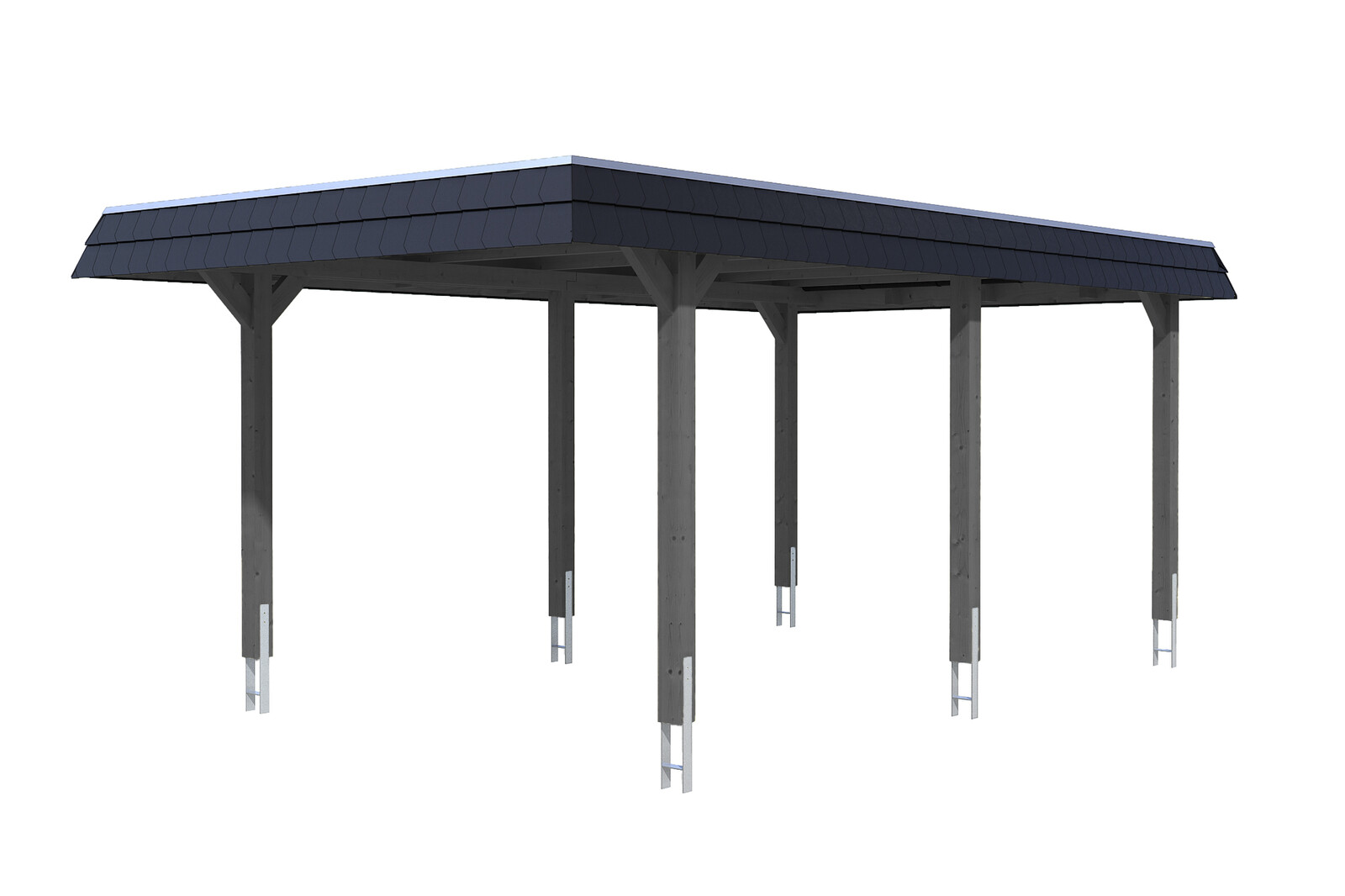Carport WENDLAND 362x628cm, toit en aluminium, bandeau noir, bois lamellé-collé, traitement coloré gris ardoise